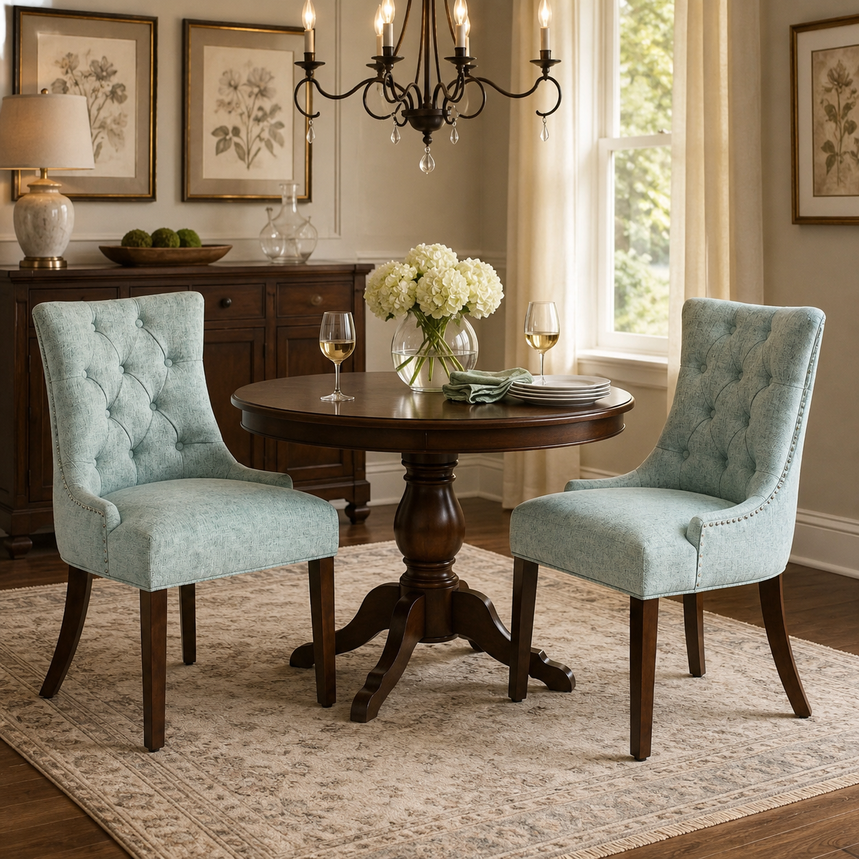 Nutton Upholstered Dining Chair with Solid Wood Legs and Diamond Tufted Back Set of 2