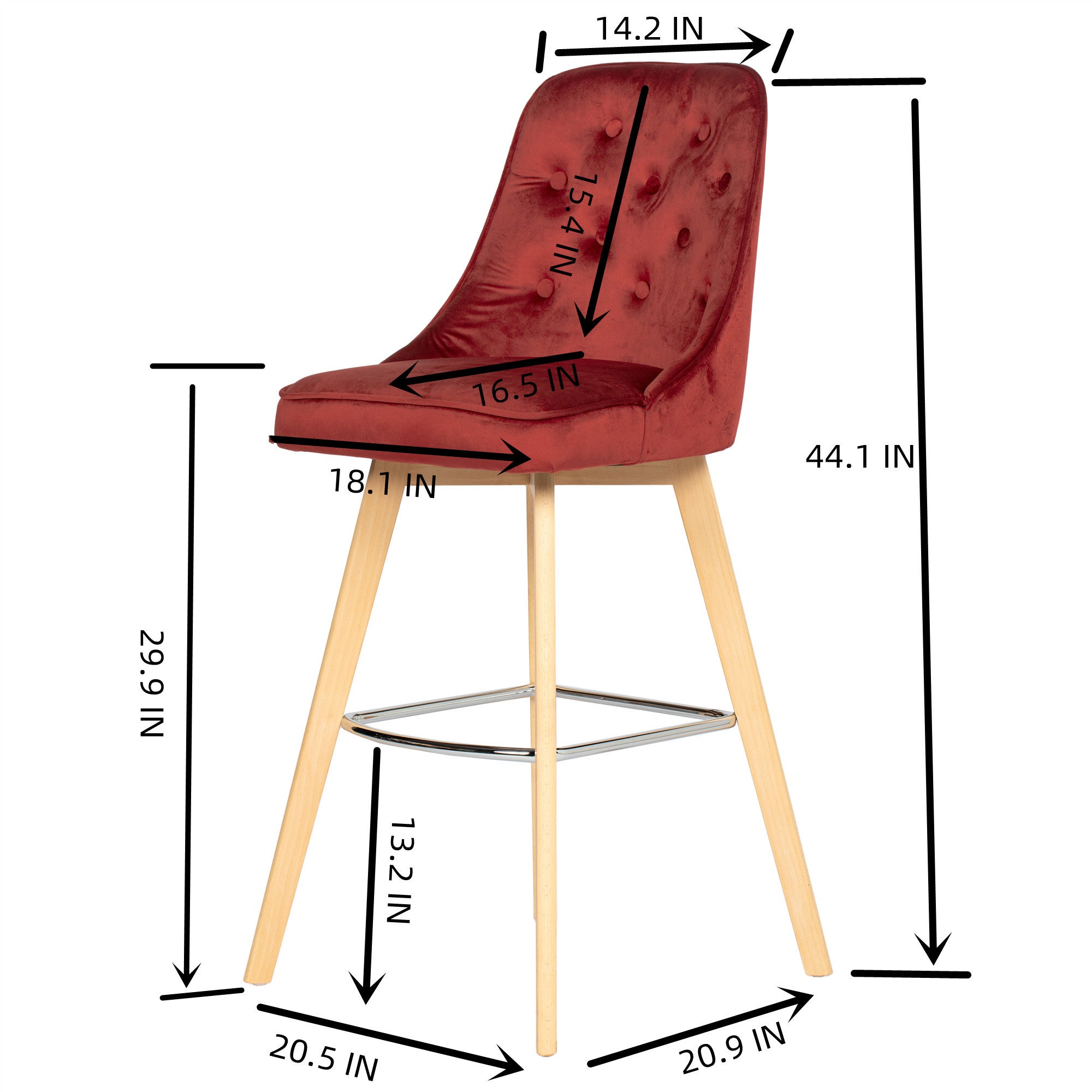 Homy Casa Windler 44" Velvet Barstool with Beech Wood Legs and Chrome Footrest, Brick Red,Open Box