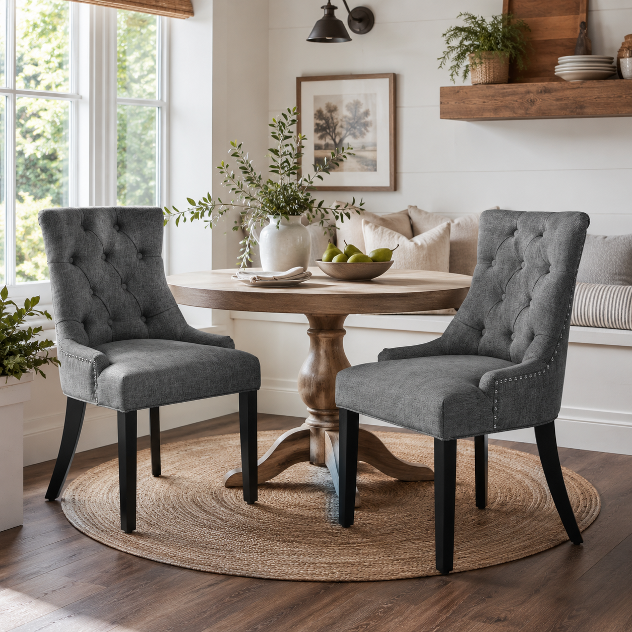 Nutton Upholstered Dining Chair with Solid Wood Legs and Diamond Tufted Back Set of 2