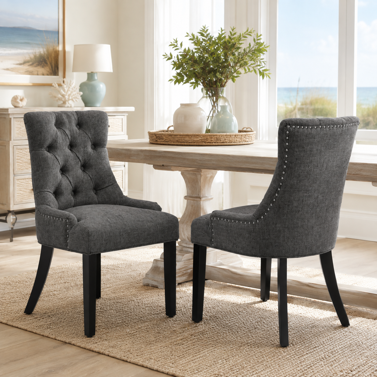 Nutton Upholstered Dining Chair with Solid Wood Legs and Diamond Tufted Back Set of 2