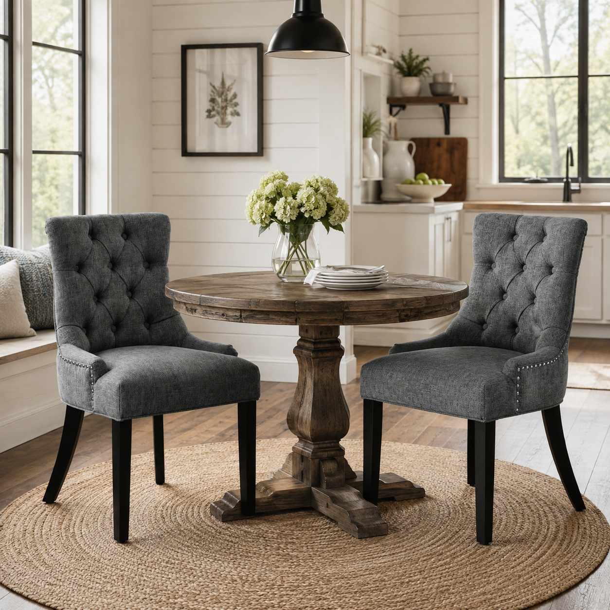 Nutton Upholstered Dining Chair with Solid Wood Legs and Diamond Tufted Back Set of 2