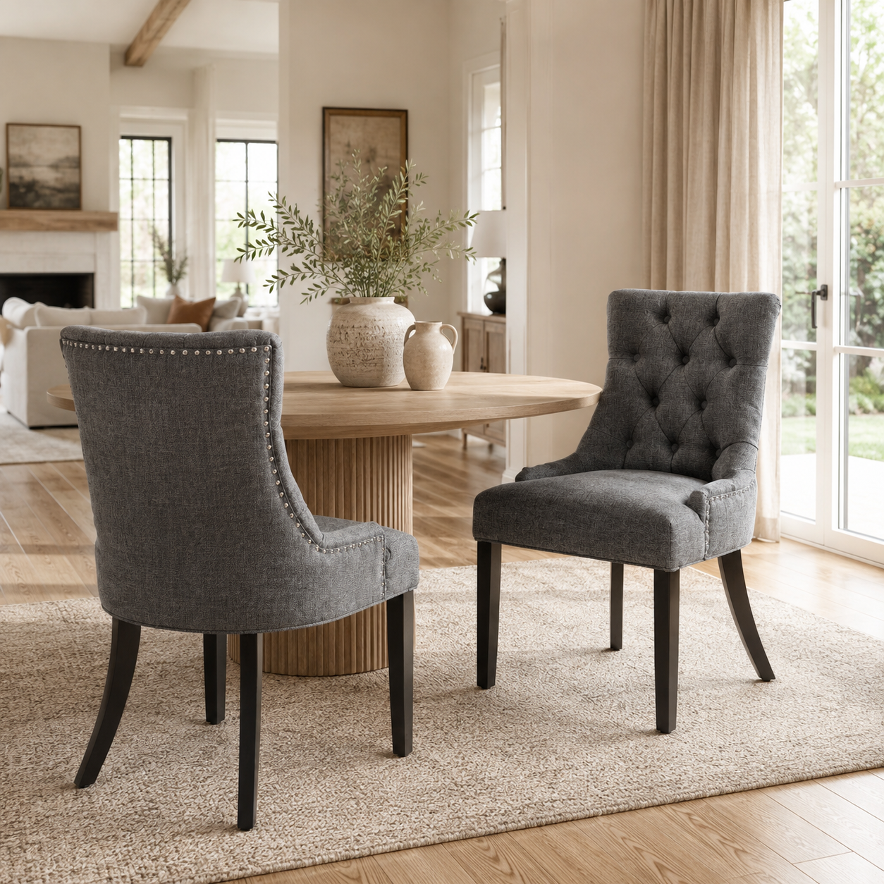 Nutton Upholstered Dining Chair with Solid Wood Legs and Diamond Tufted Back Set of 2