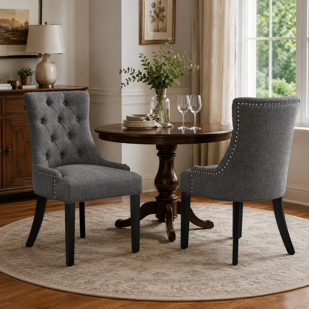 Nutton Upholstered Dining Chair with Solid Wood Legs and Diamond Tufted Back Set of 2