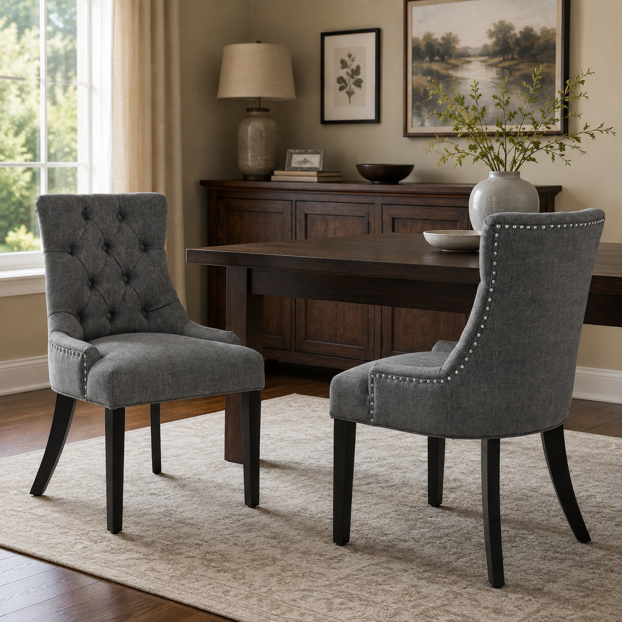 Nutton Upholstered Dining Chair with Solid Wood Legs and Diamond Tufted Back Set of 2