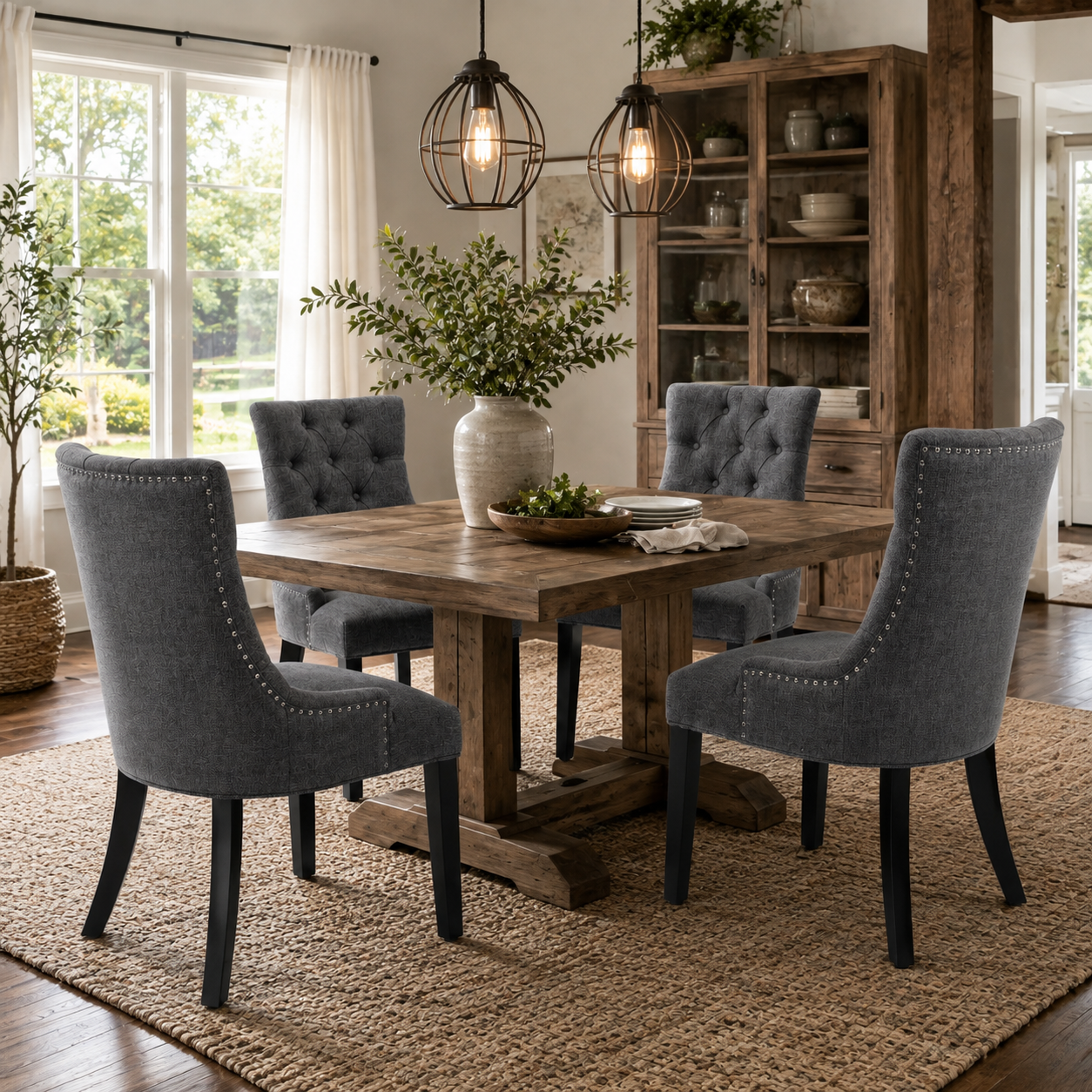Nutton Upholstered Dining Chair with Solid Wood Legs and Diamond Tufted Back Set of 2