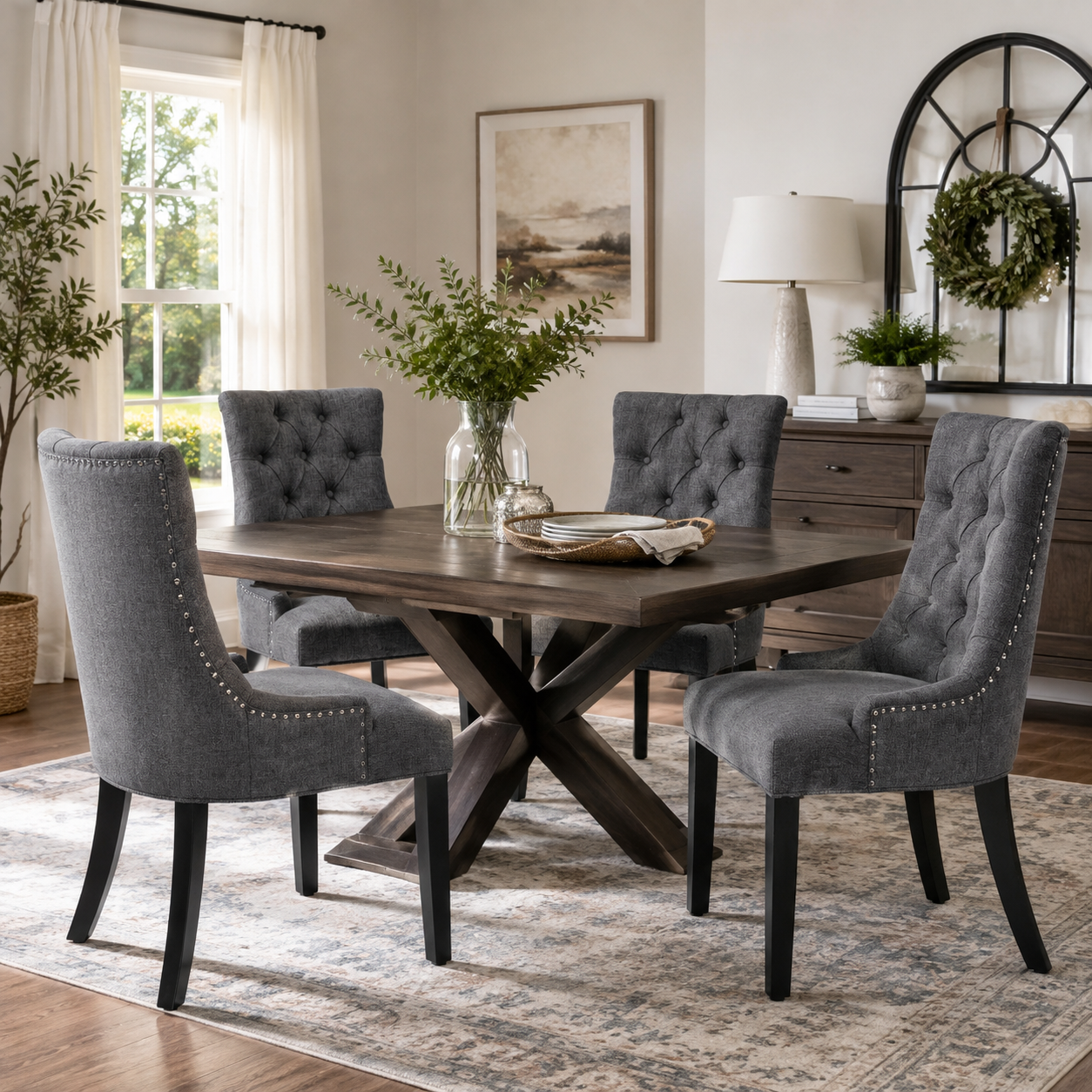 Nutton Upholstered Dining Chair with Solid Wood Legs and Diamond Tufted Back Set of 2
