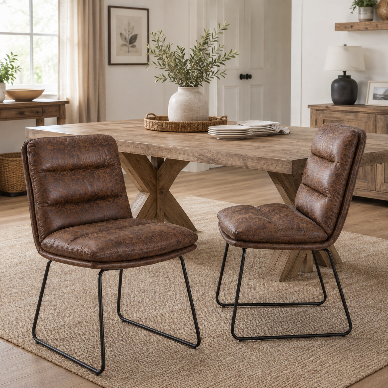 Steffen Faux Leather Dining Chairs with Pillow Top Seat and Sled Base Set of 2