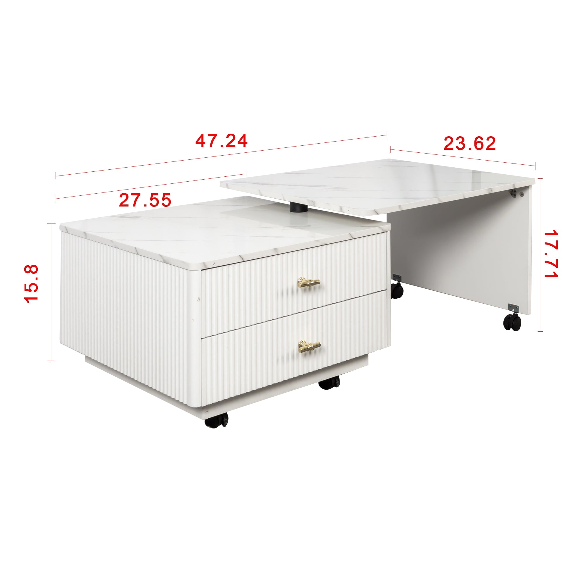 Vesta 47.24" Modern White Extendable Coffee Table with Storage Drawers and Wheels