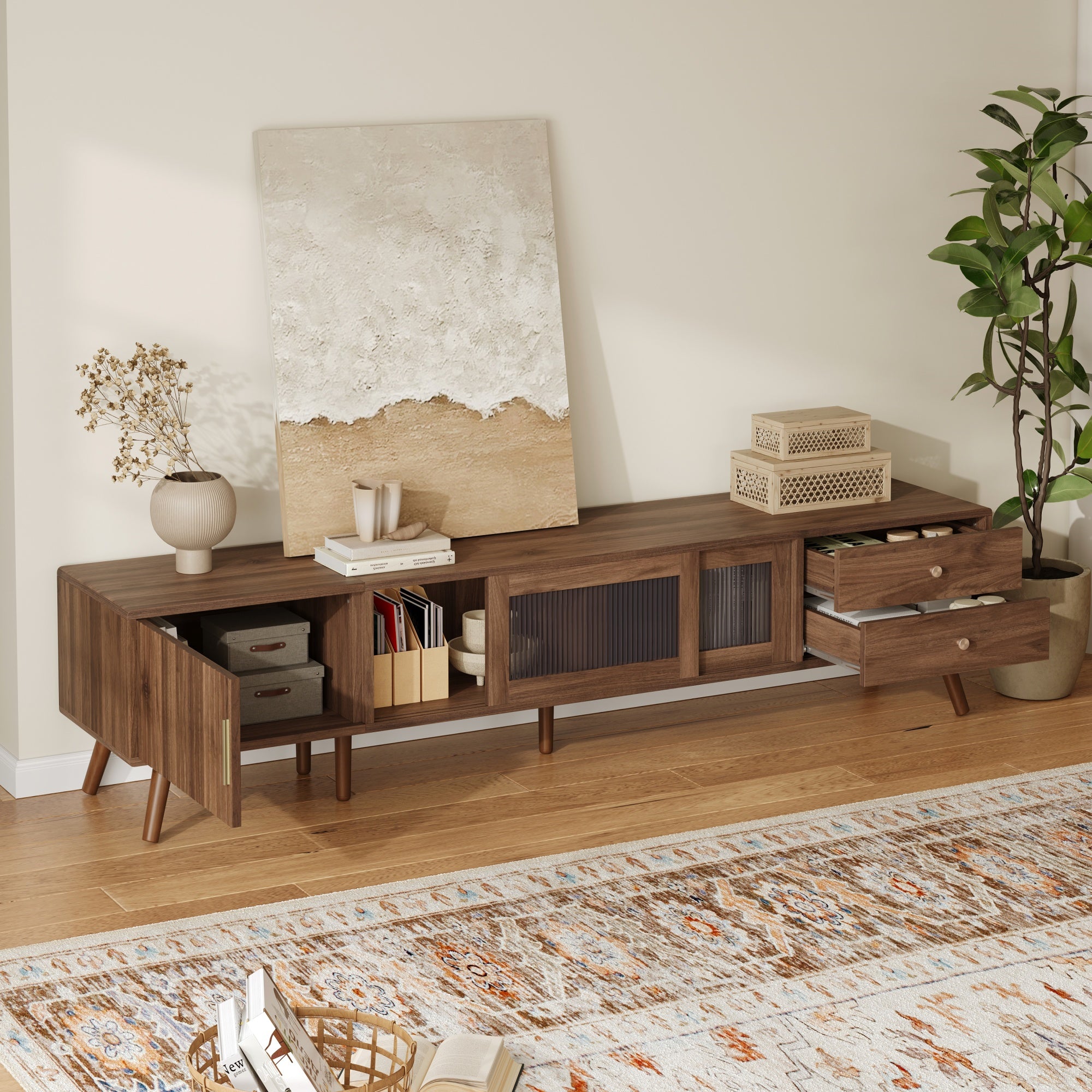 Kyoto 76" Mid-Century Modern TV Stand with Storage Cabine