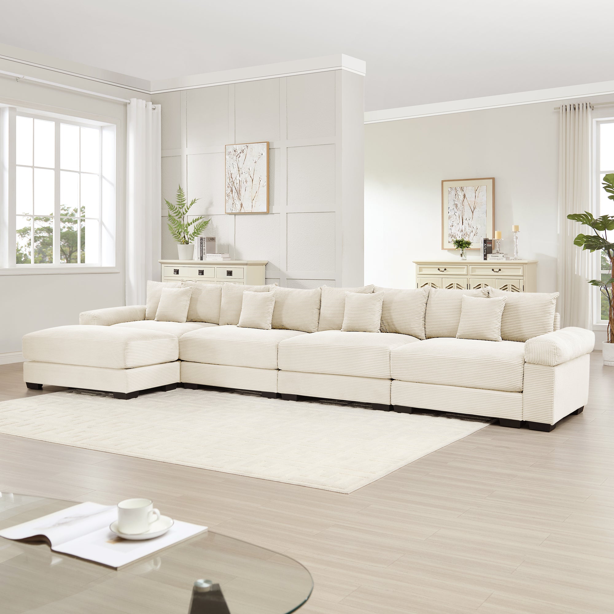 Albany 168" Modular Corduroy Oversized Cloud L-Shaped Sectional Sofa with Ottoman
