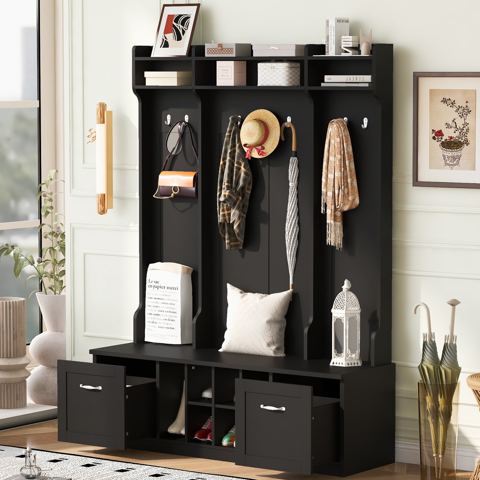 Homy Casa TITAN 59" Modern Wood 5-in-1 Hall Tree Bench with Coat Rack, Drawers and Shelves