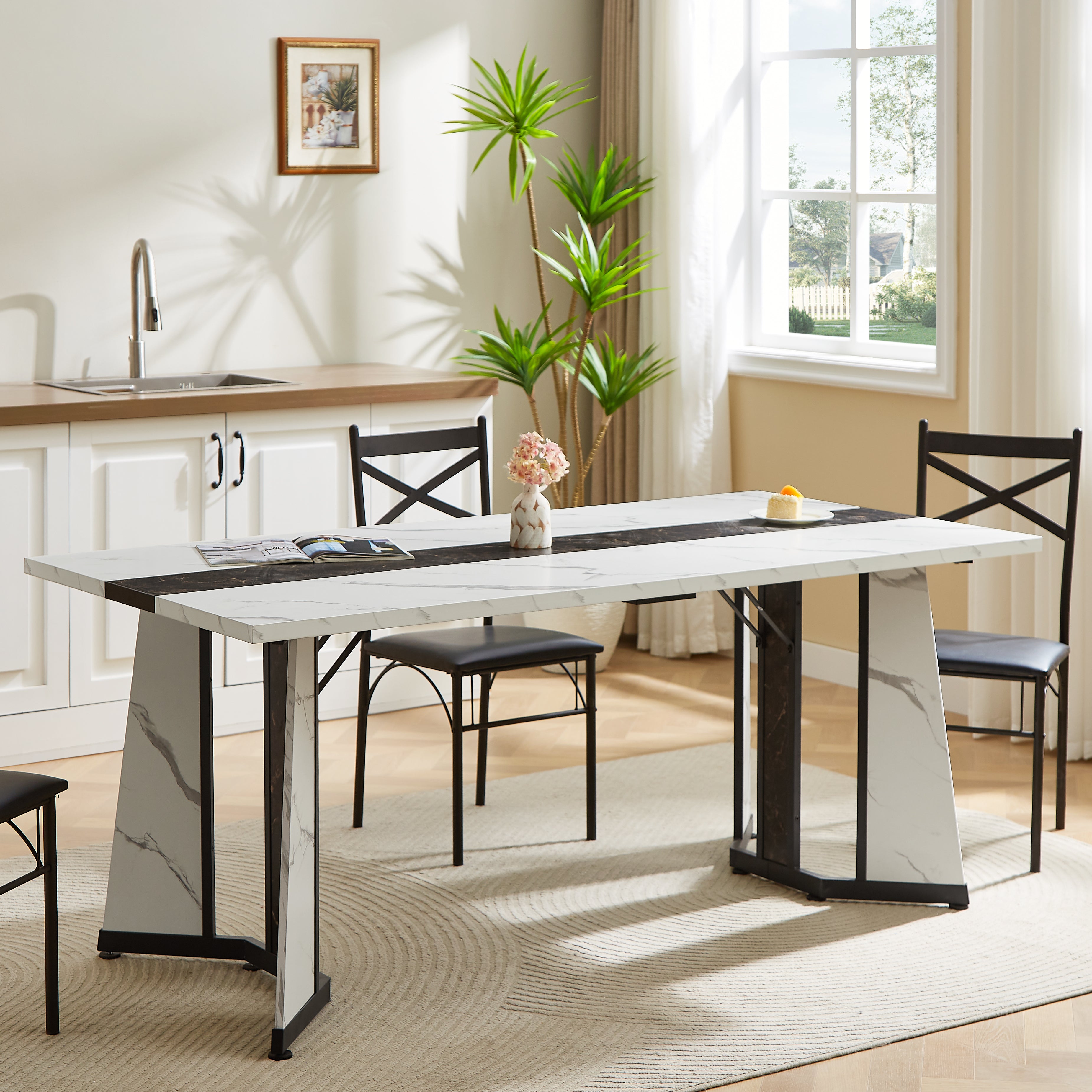 Arden 70.9" Modern White Marble Dining Table for 8 People with Adjustable Legs