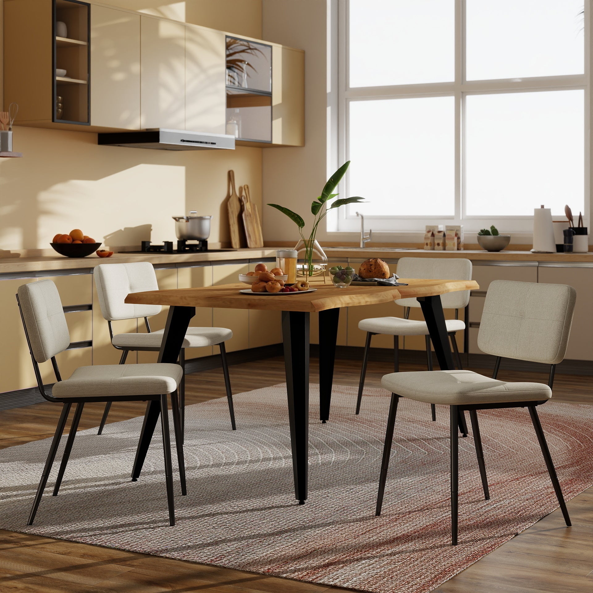 Homy Casa Lancelot 5PC Dining Set 63” Oak Table with 4 Pomona Upholstered Chairs,Beige