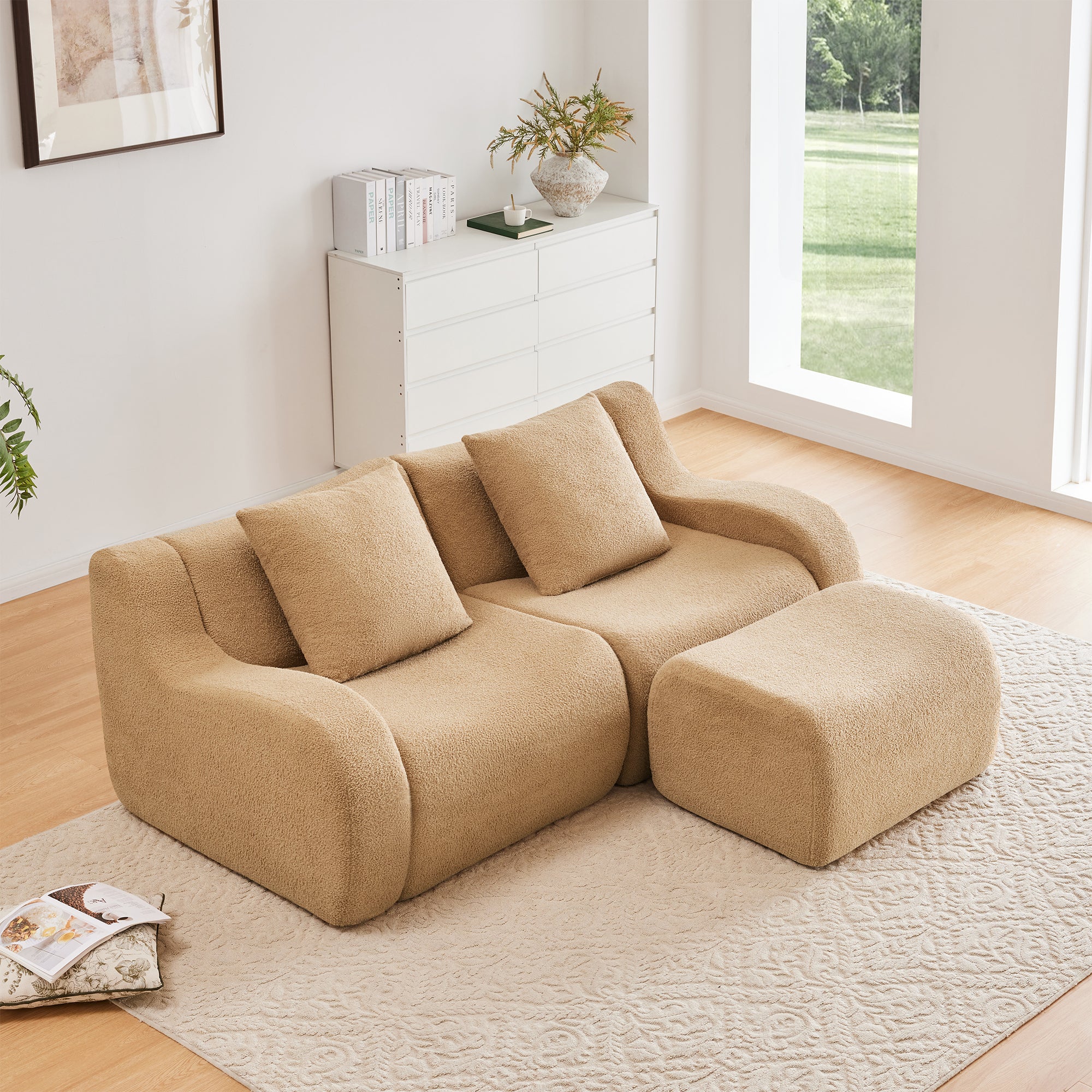 Chico 83" Modular Teddy Fabric L-Shaped Loveseat Sofa with Movable Ottoman