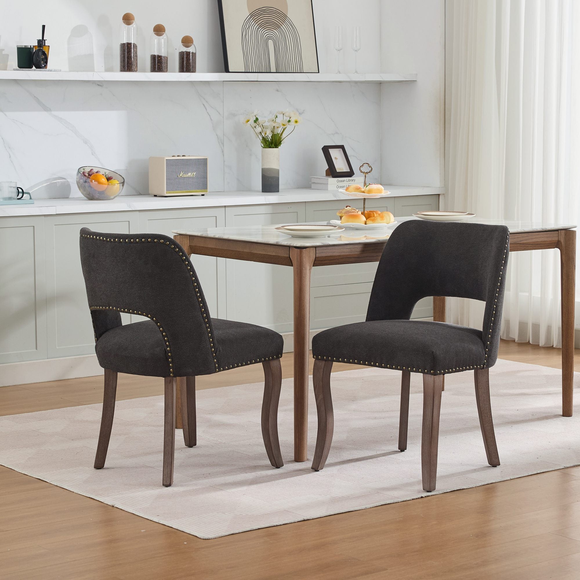 Tiberis Modern Fabric Upholstered Dining Chair Set of 2 Wood Frame
