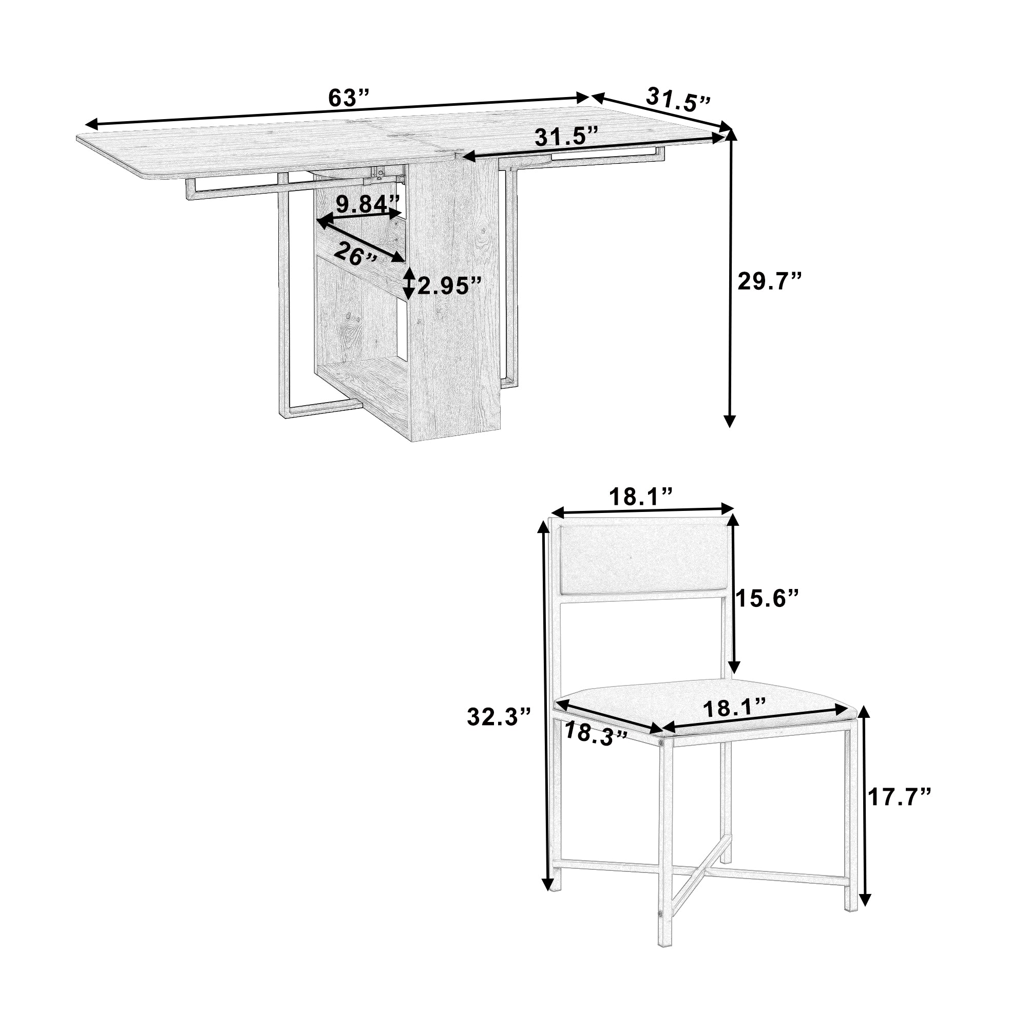 Lento 63" Modern Black 5 Piece Extendable Dining Table Set with Storage and Chairs