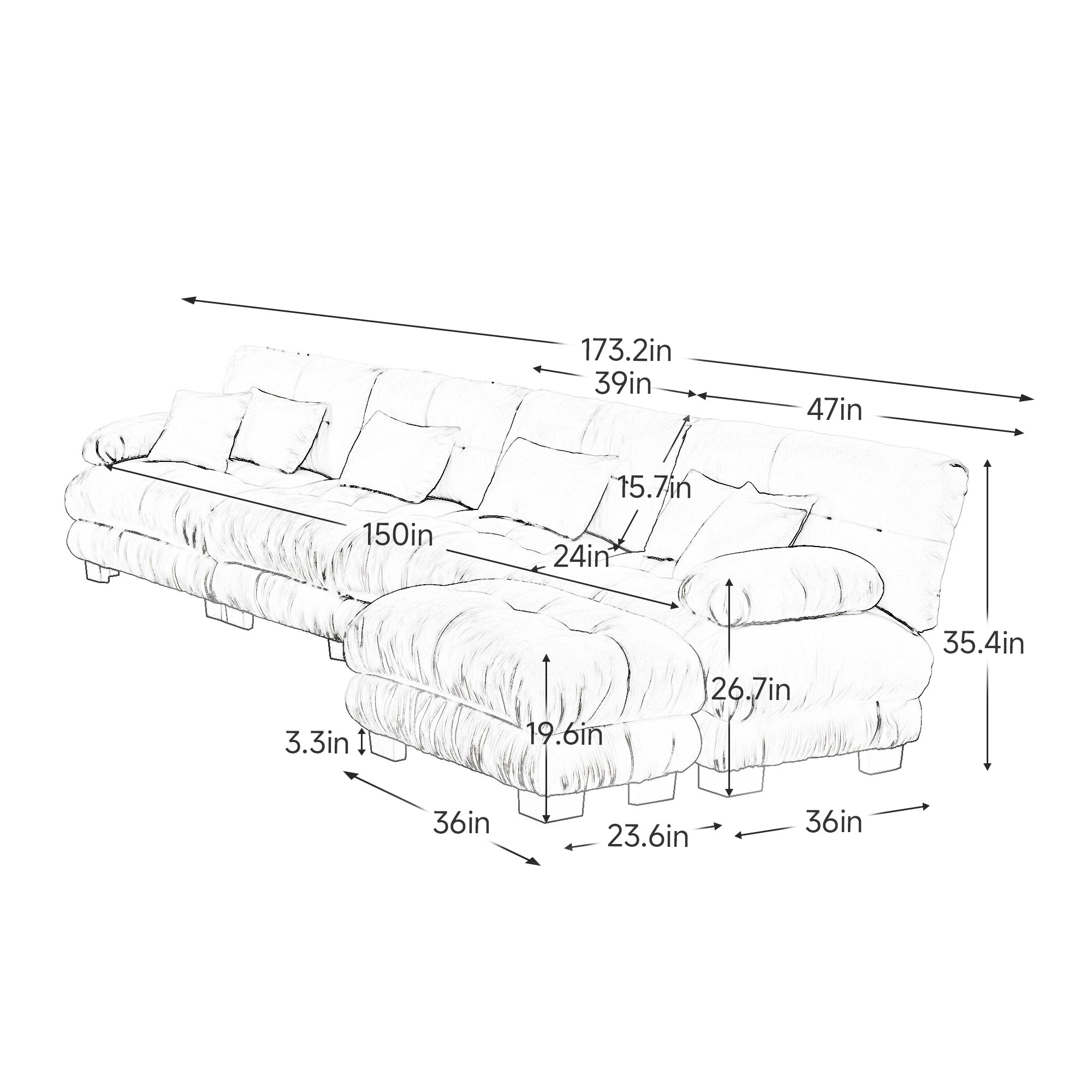 Monterey 173" Oversized Modular Chenille L-Shaped Cloud Sectional Sofa with Ottoman