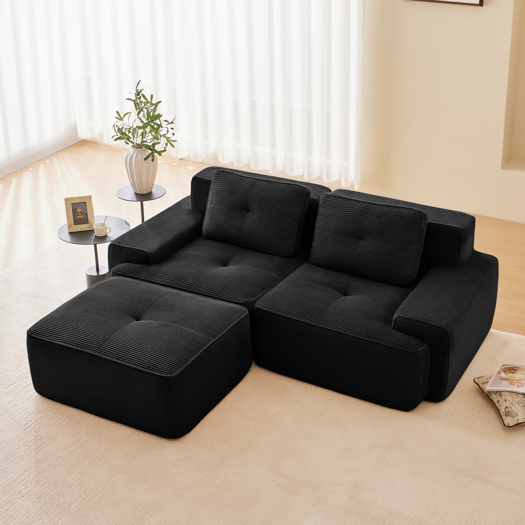 Racine 82" Modular Corduroy Fabric Loveseat Sofa with Pillows and Movable Ottoman