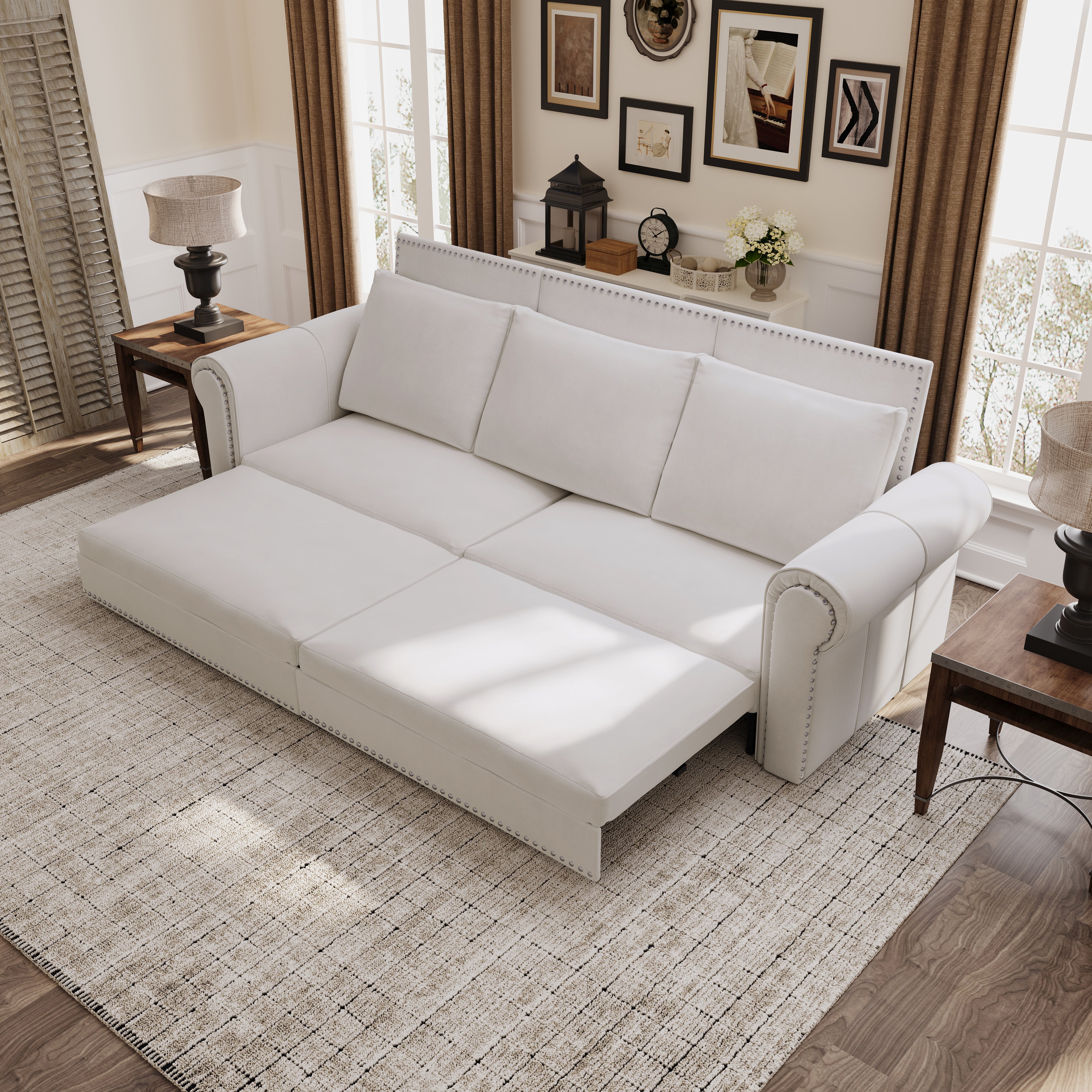 Chesterfield Sofa,93.7" King Pull Out Sofa Bed,3-in-1 Velvet Convertible Sleeper Sofa with Nailhead Trim & Rolled Arm,Multi-Functional Sofa Bed for Living Room,Bedroom,Beige/White(old sku:W1885S00036)
