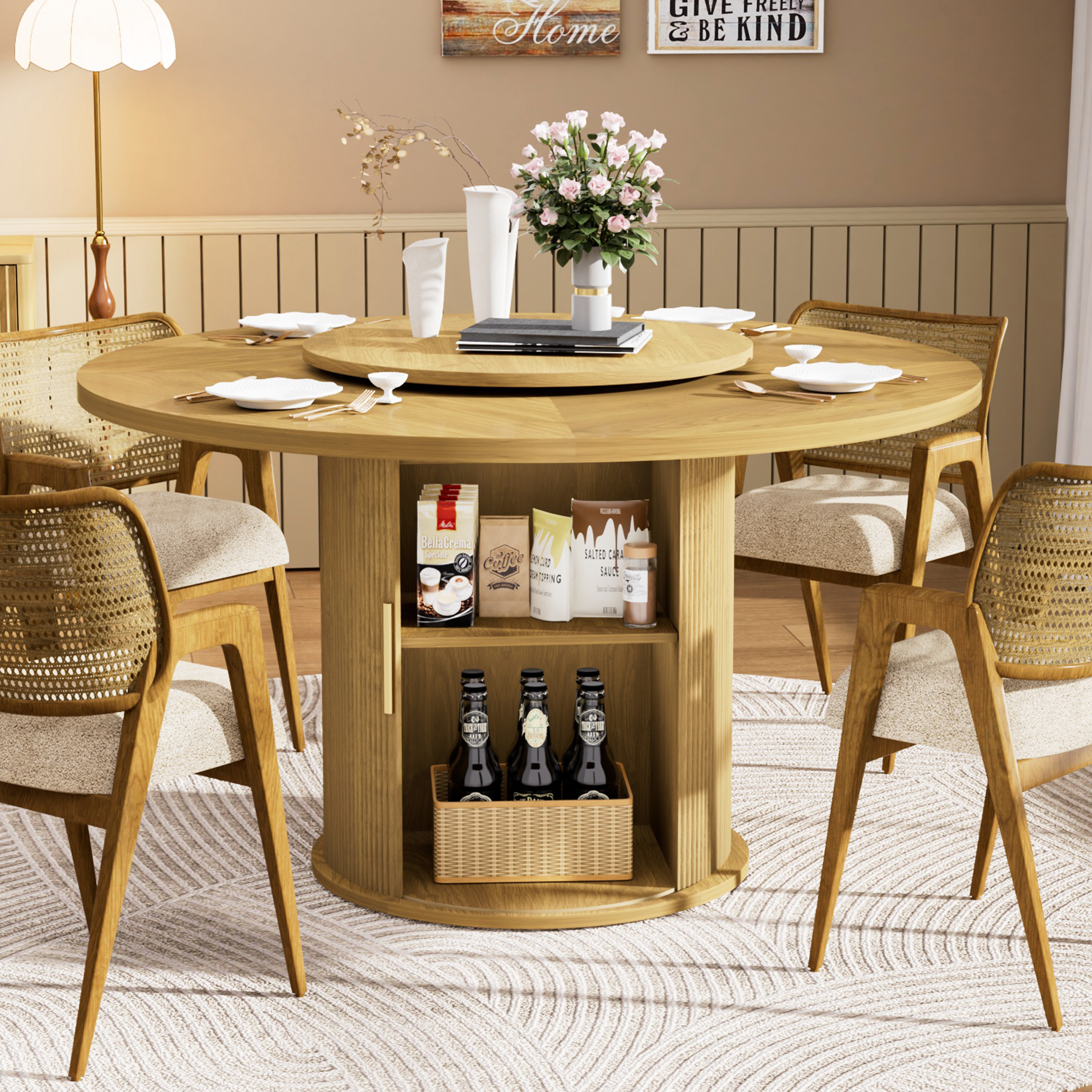 Ganges 55" Natural Round Dining Table with Storage Rack and Rotating Tray