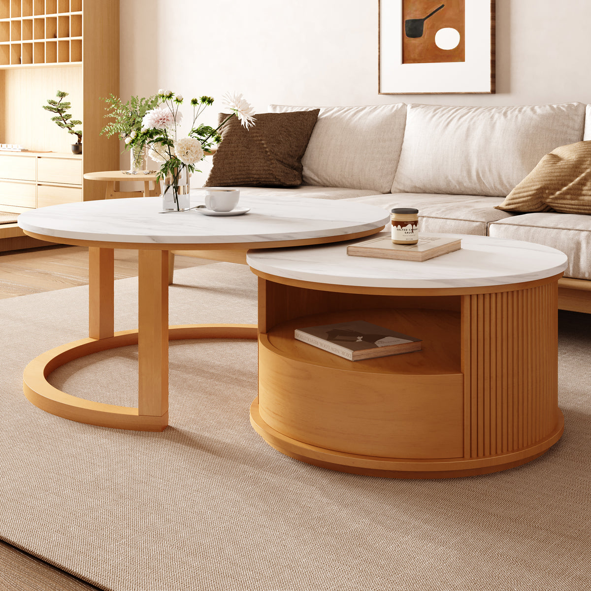 Imola 29" Marble Veneer Round Nesting Coffee Table Set with Storage Drawer