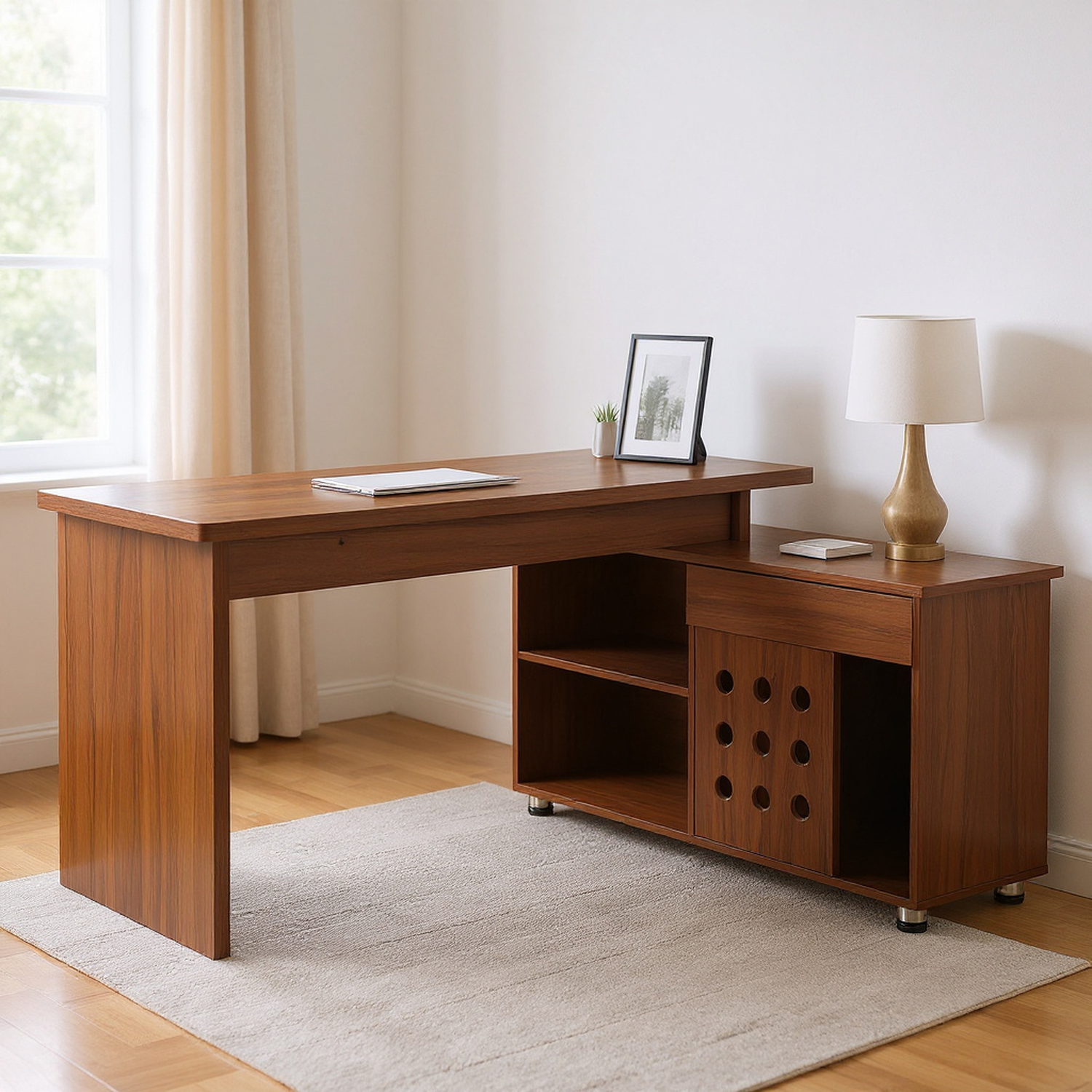 55.1''L, Walnut Home Office L-Shaped Executive Desk , Height Adjustable Desk with Storage Drawers and Cabinet