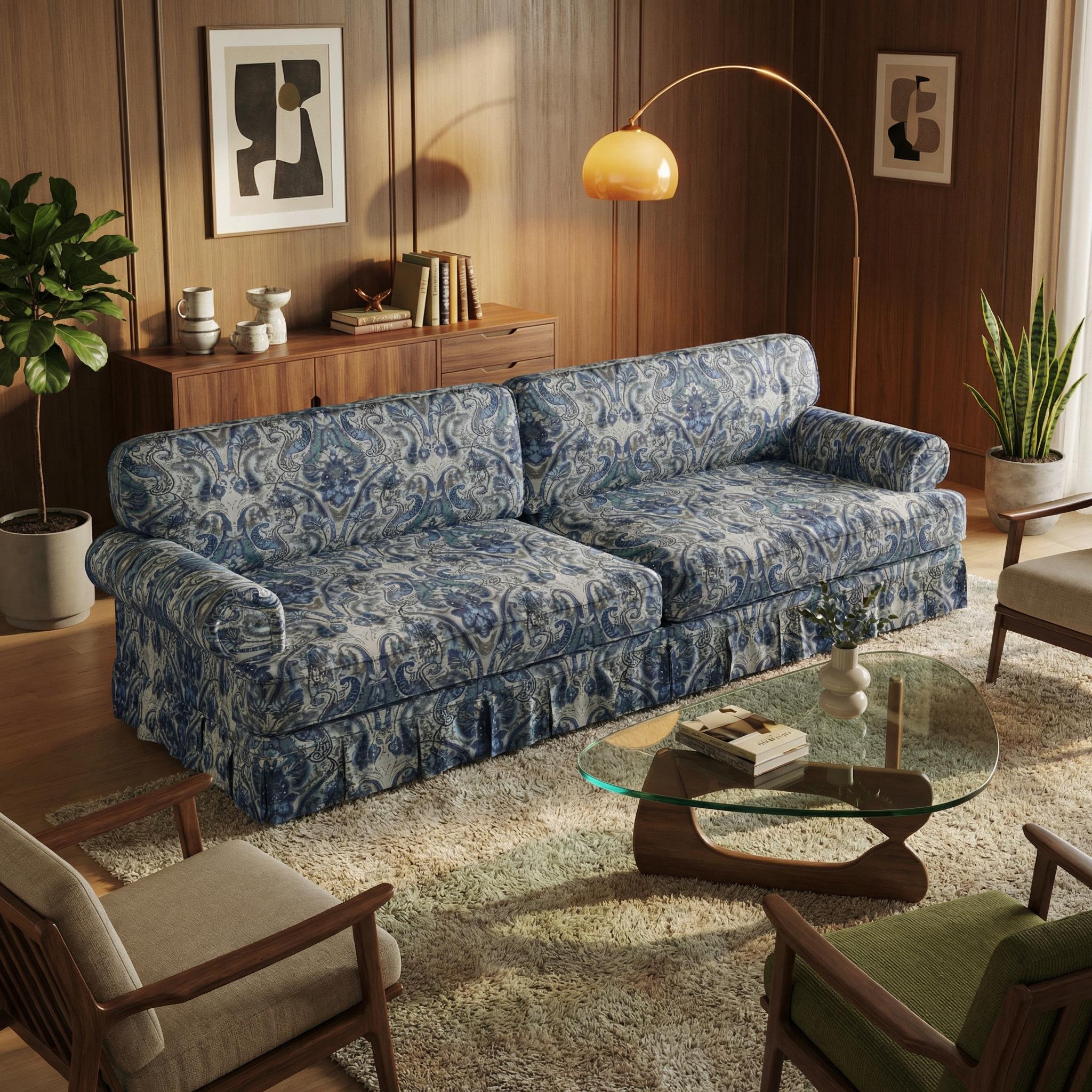 Livonia 94" Oxford Fabric 4-Seater Sofa with Rolled Arms and Pleated Skirt Mid-Century Design