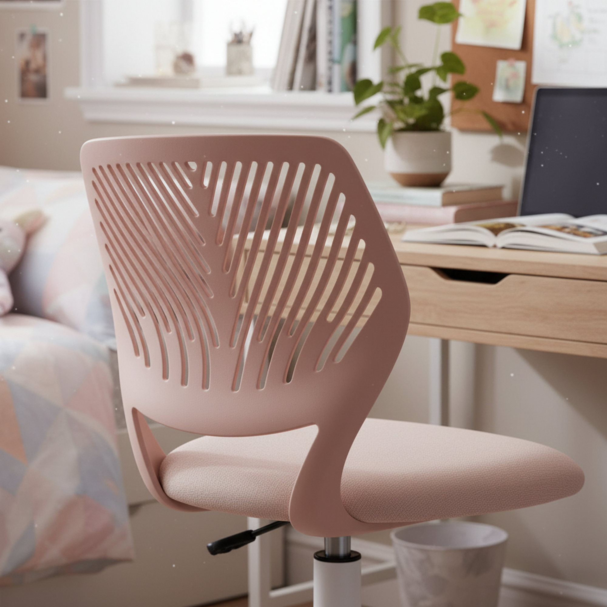 Homy Casa Pink Office Chair, 44x40x74in, Modern Fabric Swivel Desk Chair with Ergonomic Back, Adjustable Height, White Metal Base, PU Casters, for Home Office, Study, Makeup, 1 Pack