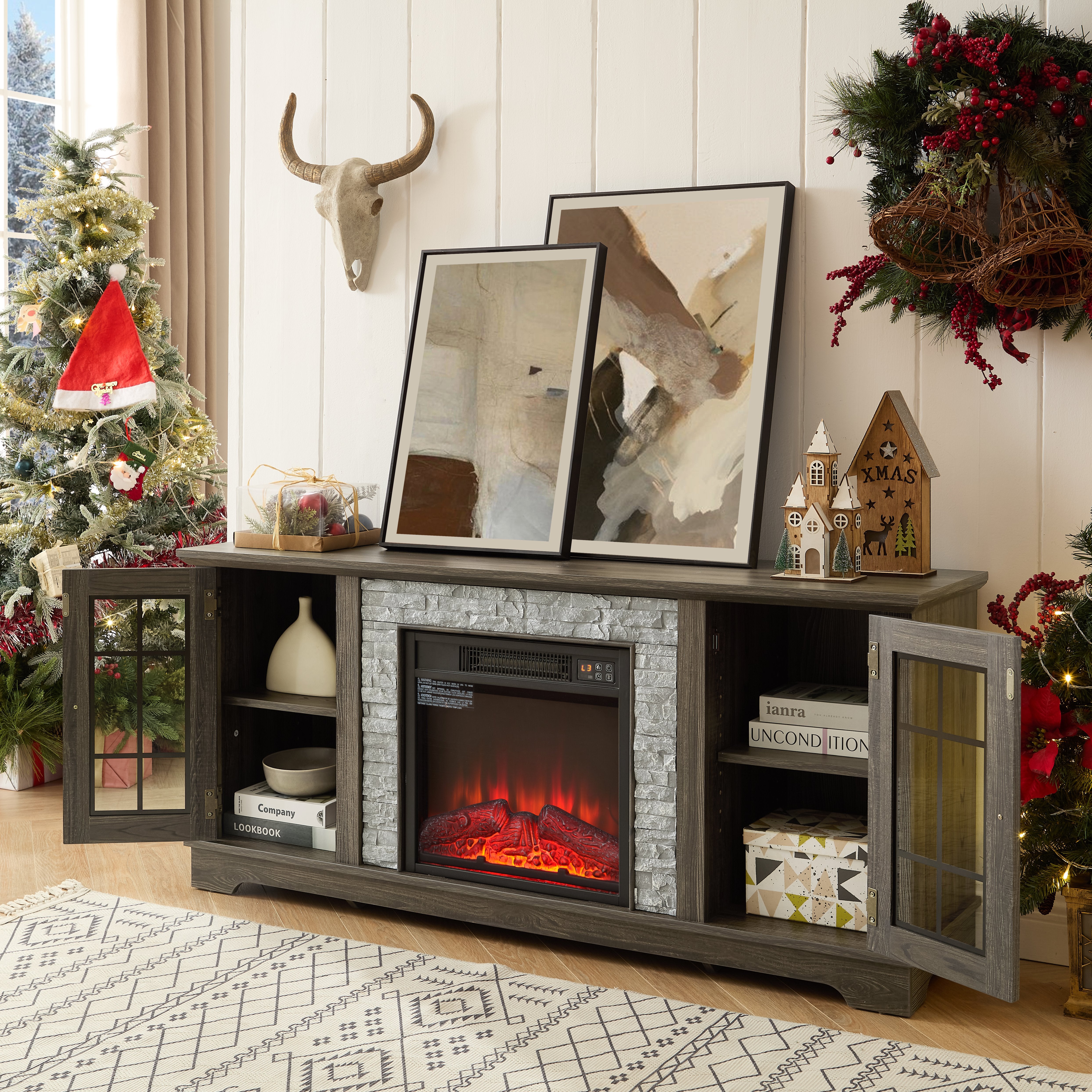 Vosges 58" Modern TV Stand Media Console Cabinet with 18" Electric Fireplace