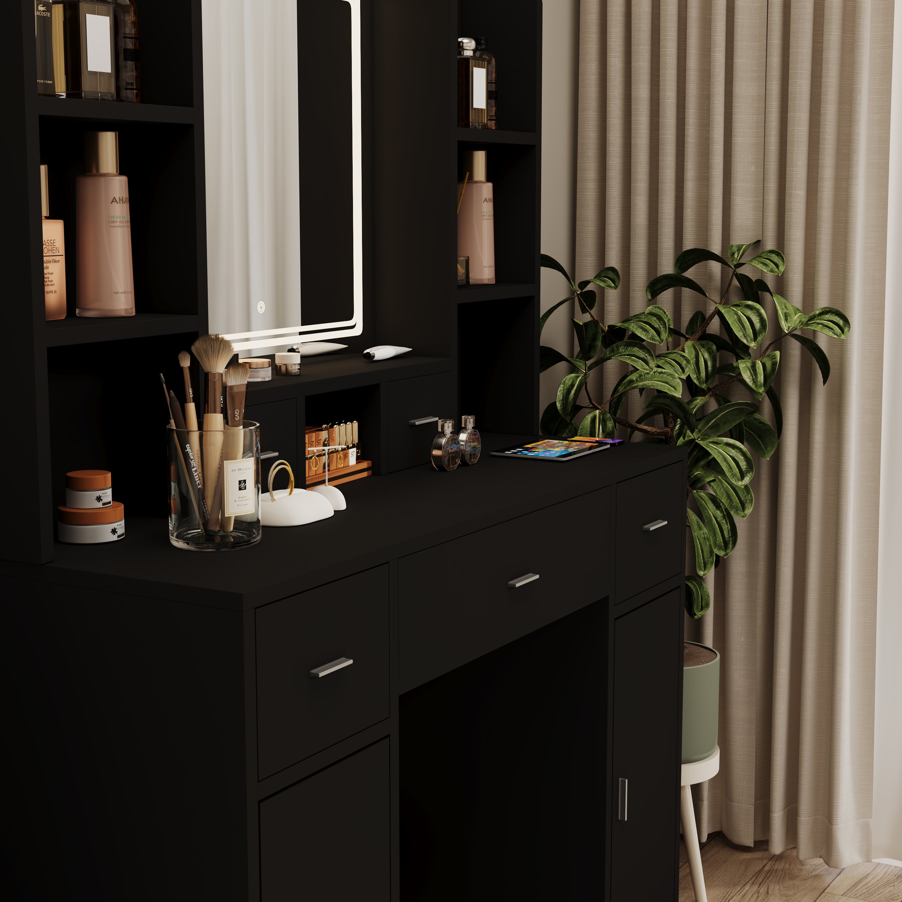 The Black dressing table with LED mirror is equipped with a hair dryer rack, and the dressing tables in the bedroom and dressing room are equipped with dressing stools