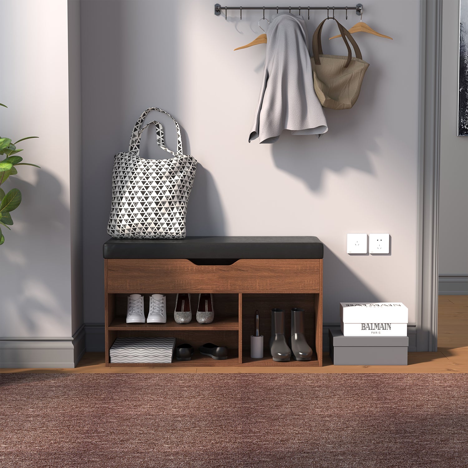 Homy Casa ERNEST 31.5” BROWN Shoe Storage Bench Open Box