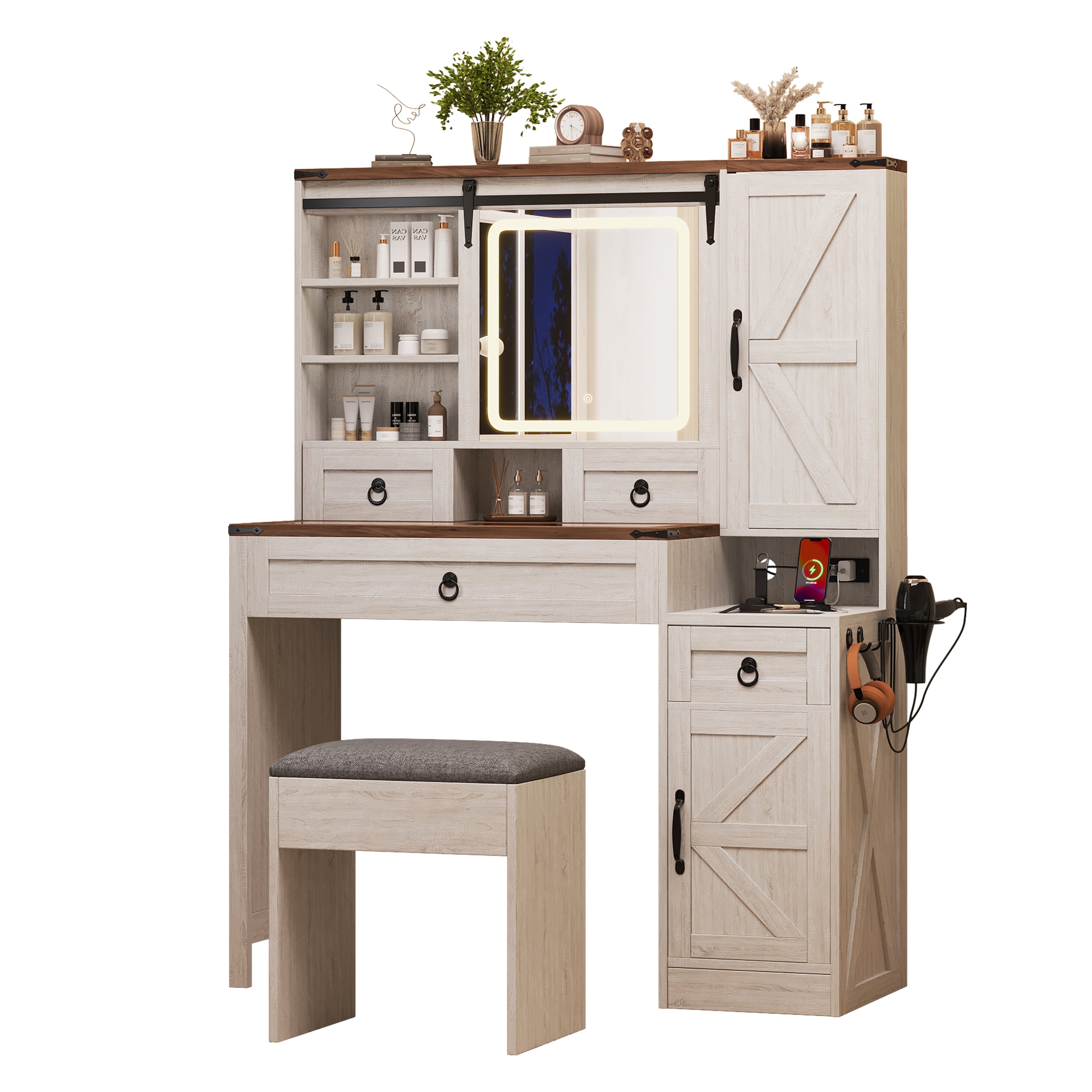 Quartzine Farmhouse Vanity Desk Set with Lighted Mirror and Charging Station