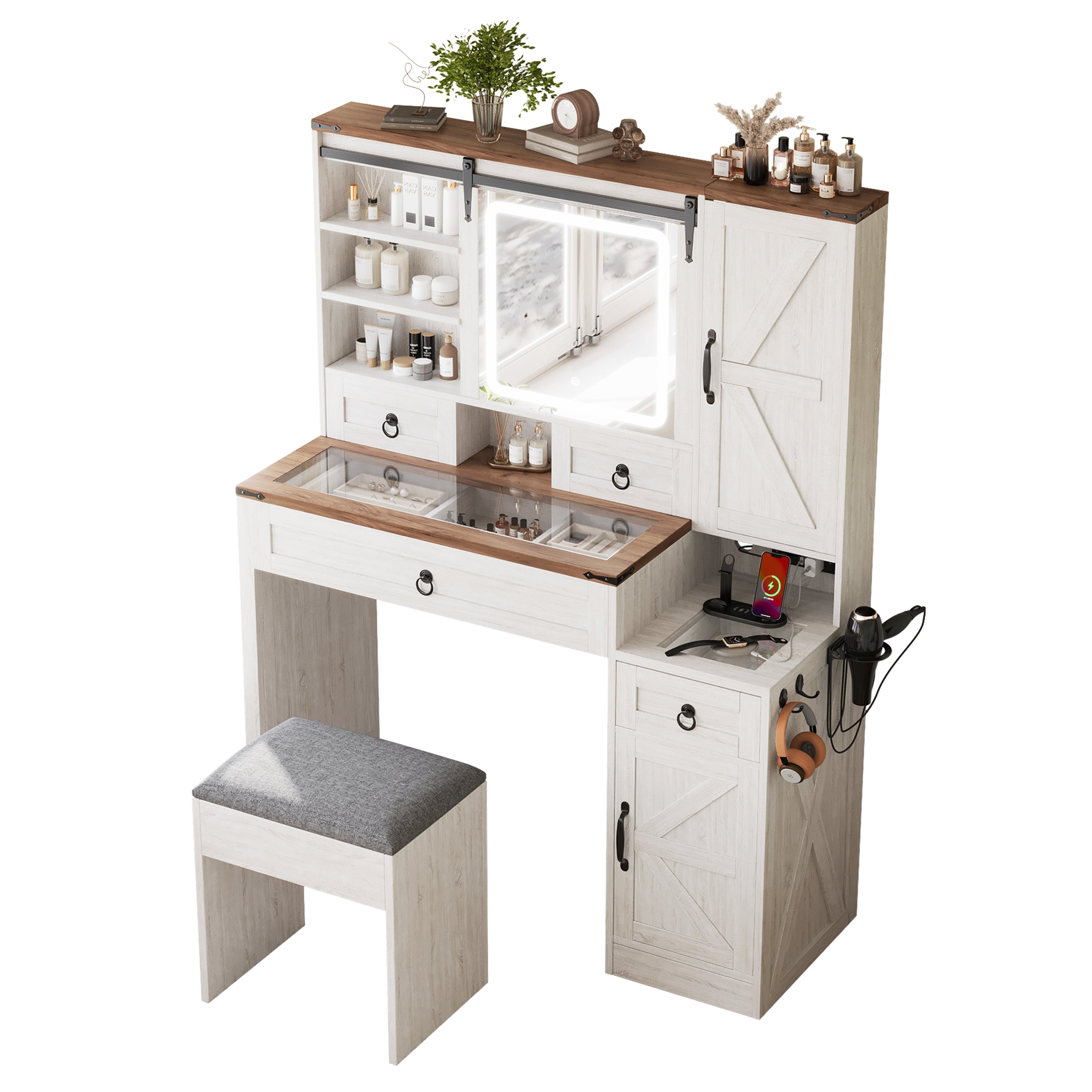 Quartzine Farmhouse Vanity Desk Set with Lighted Mirror and Charging Station