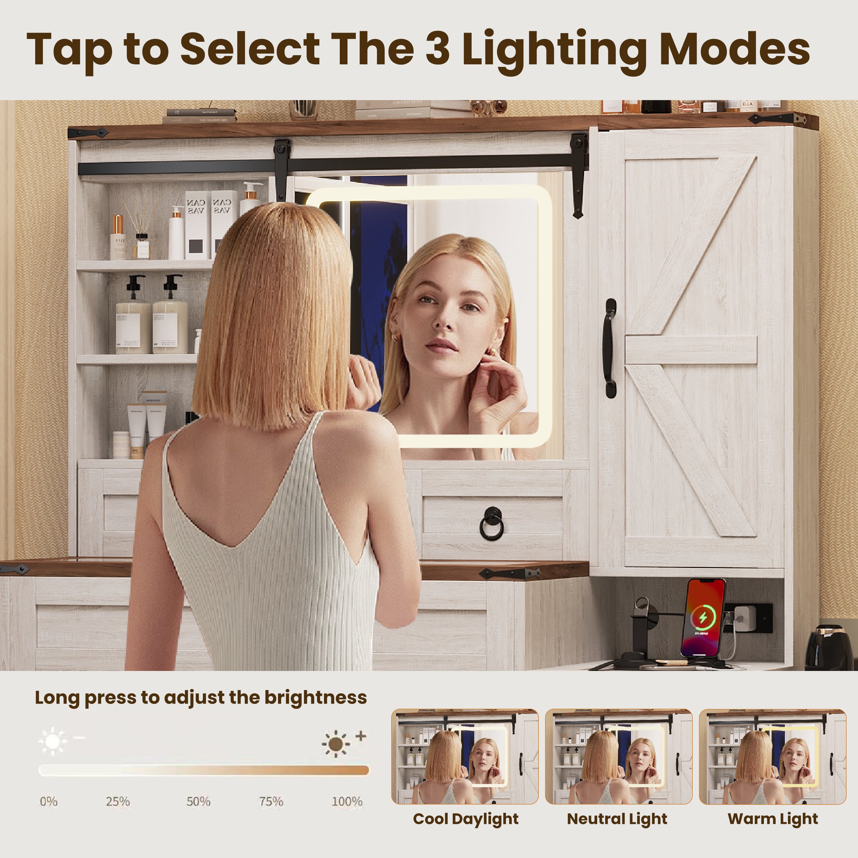 Quartzine Farmhouse Vanity Desk Set with Lighted Mirror and Charging Station