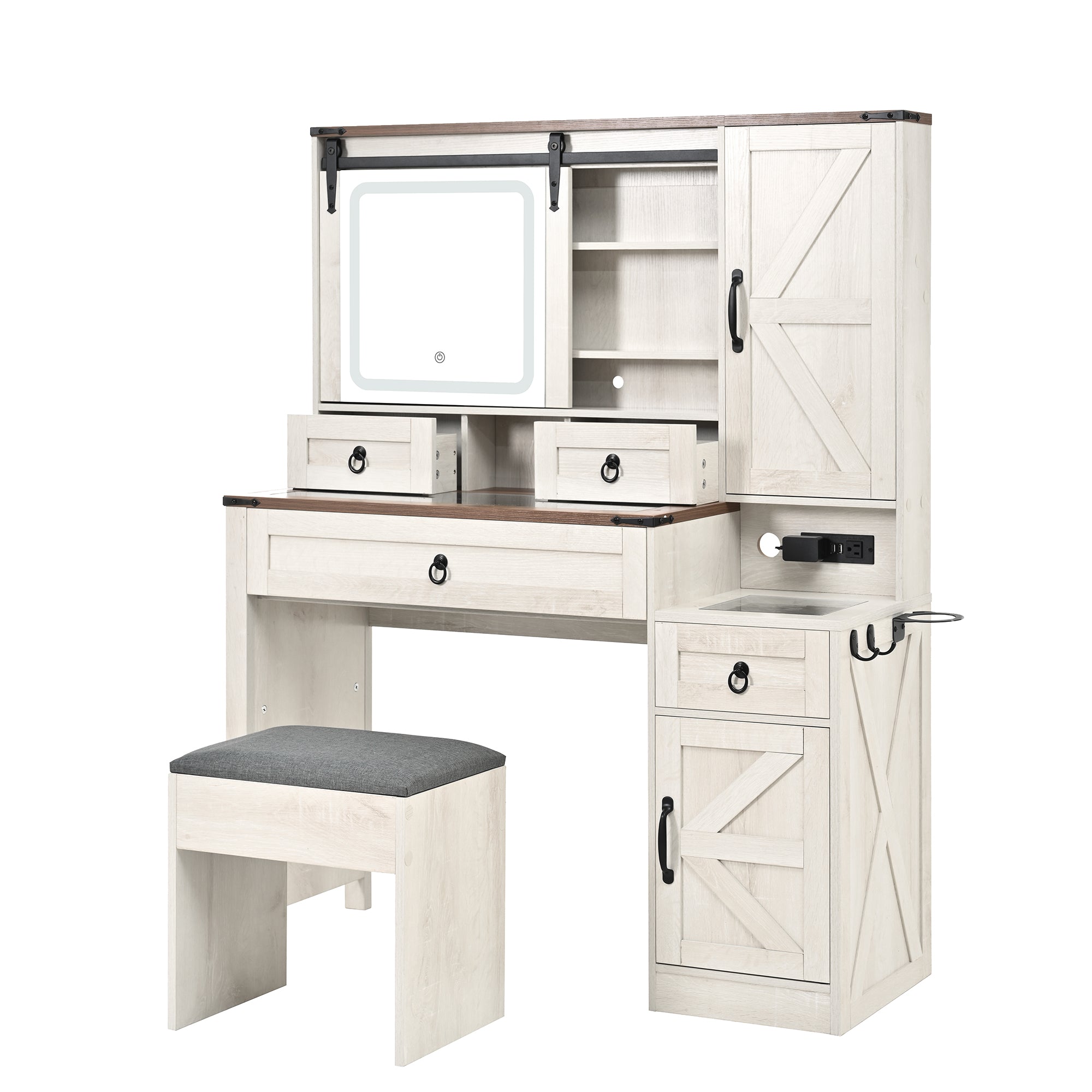 Quartzine Farmhouse Vanity Desk Set with Lighted Mirror and Charging Station