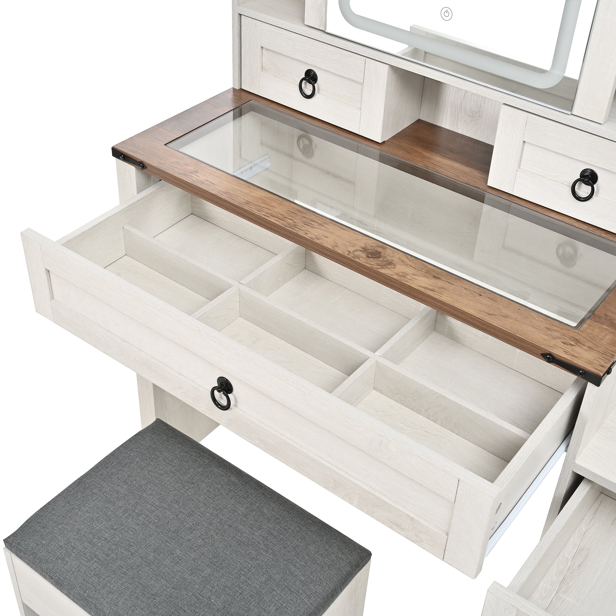 Quartzine Farmhouse Vanity Desk Set with Lighted Mirror and Charging Station