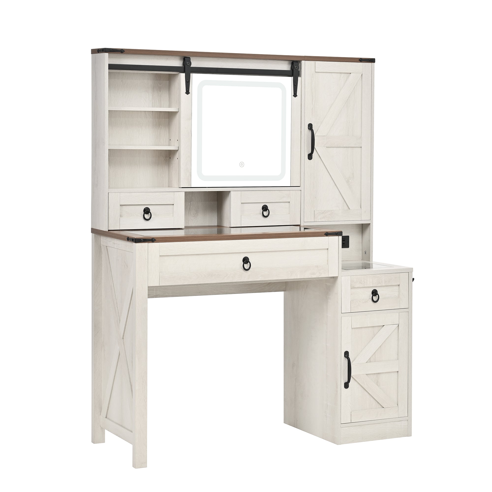 Quartzine Farmhouse Vanity Desk Set with Lighted Mirror and Charging Station