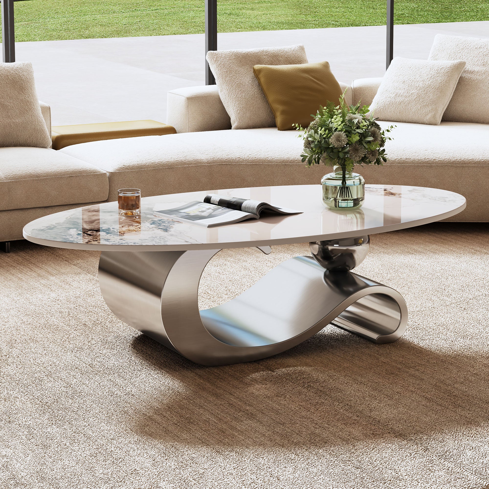 Varese 49" Modern Oval Coffee Table with Marble Top and Sculptural Gold Base