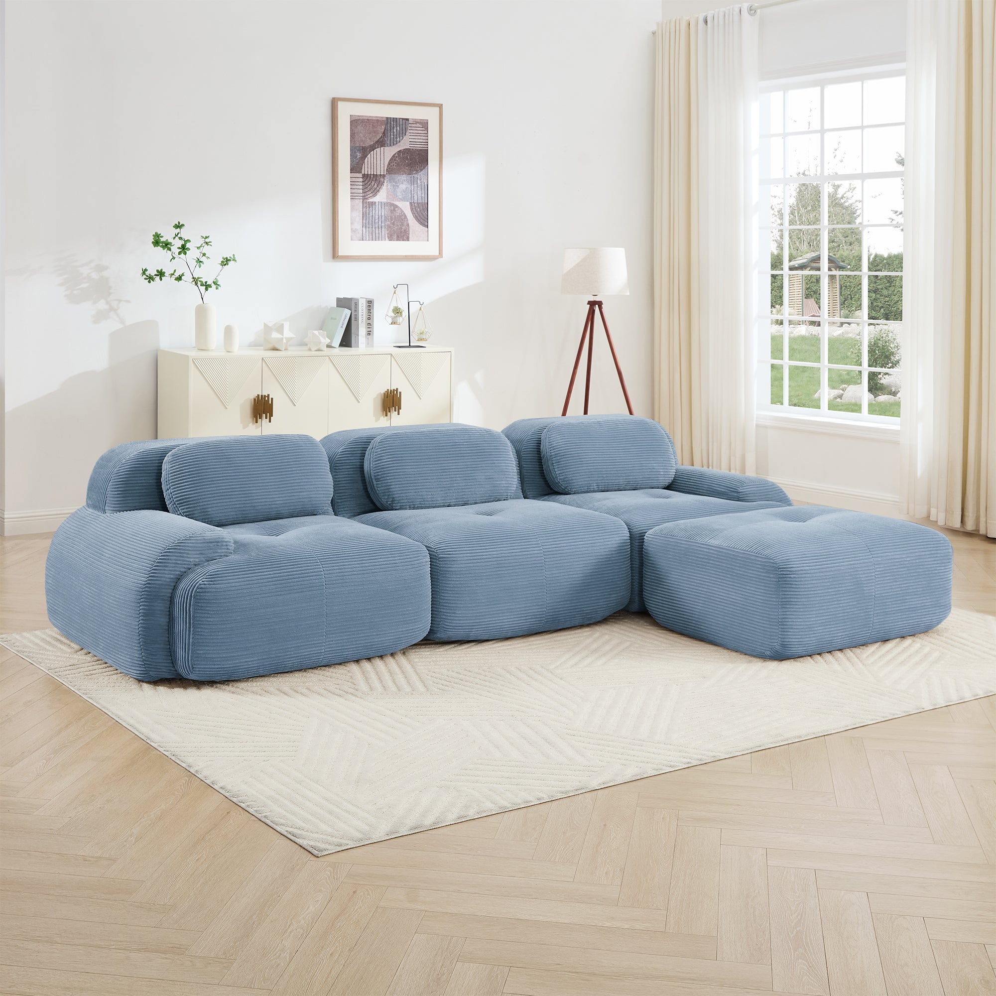 Anchorage 116" Modular Corduroy Cloud L-Shaped Sectional Sofa with Ottoman