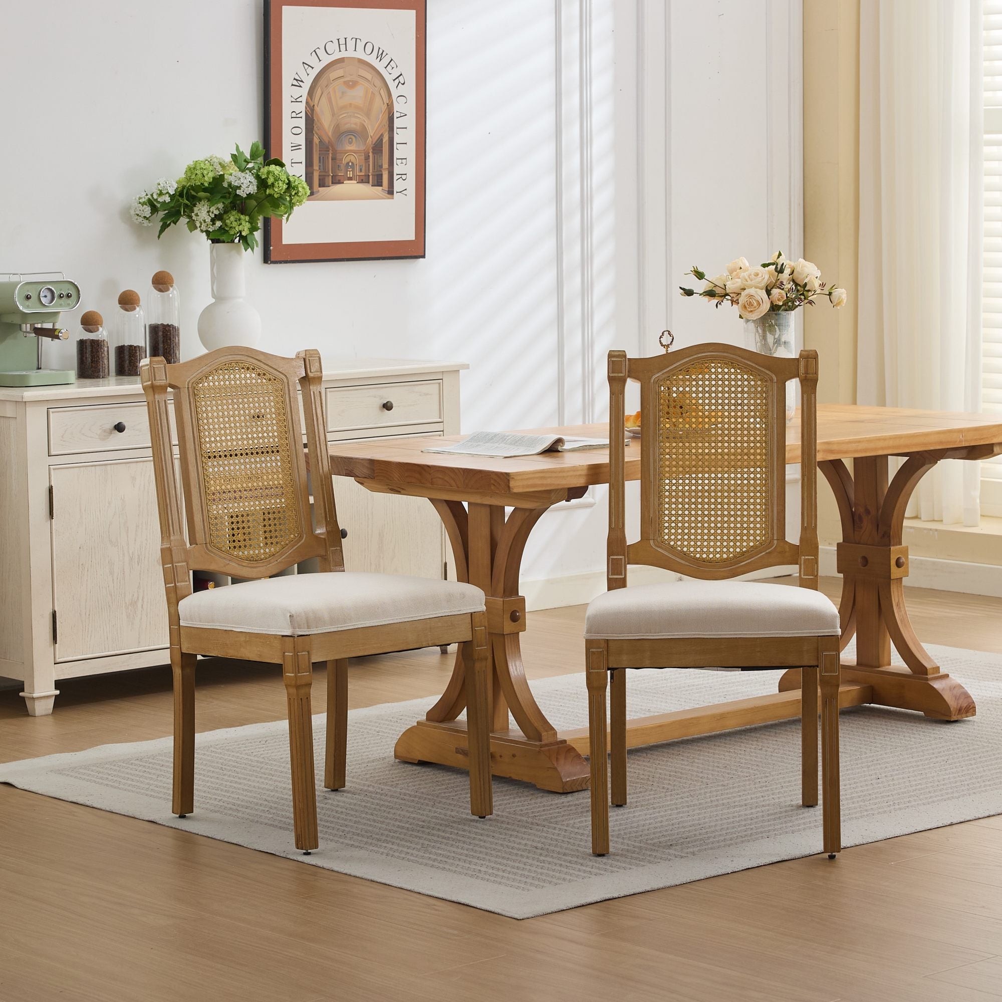 Shannon Solid Wood Rattan-Back Dining Chair Set of 2 with Beige Linen Cushion