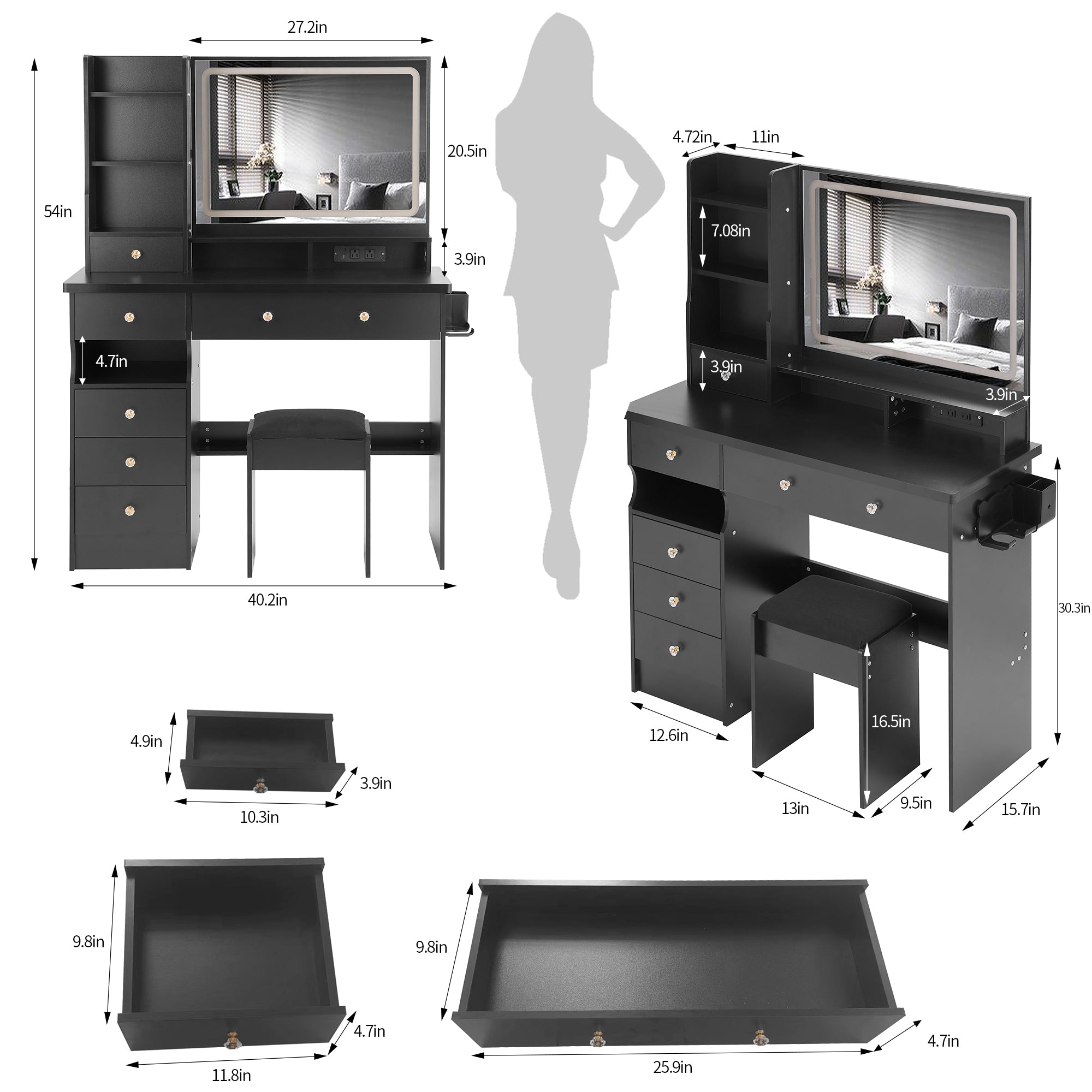 Aarhus 41" Vanity Set with LED Mirror,USB Power Station