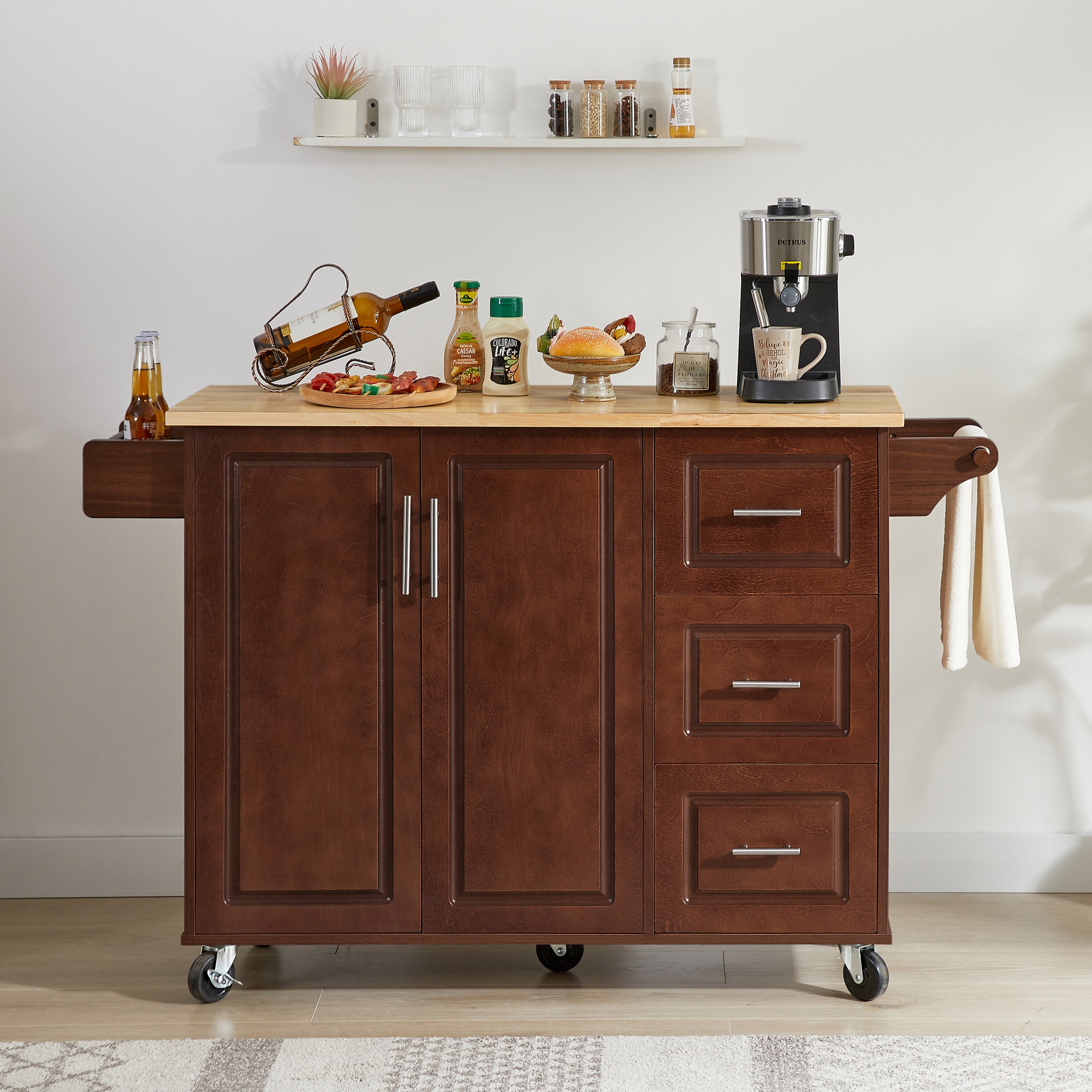 Sumatra 53" Rolling Kitchen Island with Solid Wood Countertop and Drop Leaf