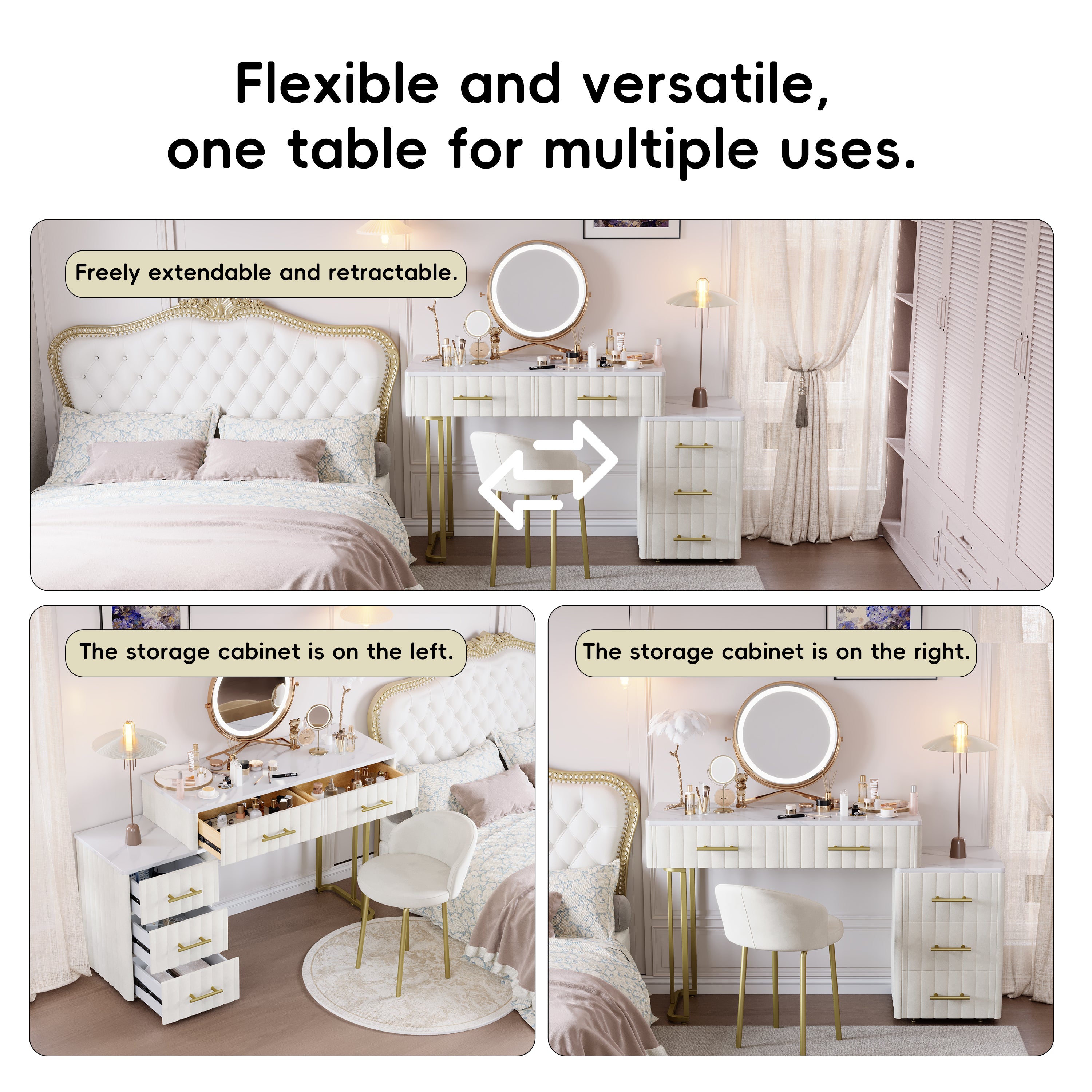Mori Modern Vanity Desk with Lighted Mirror and Storage Drawers, Beige
