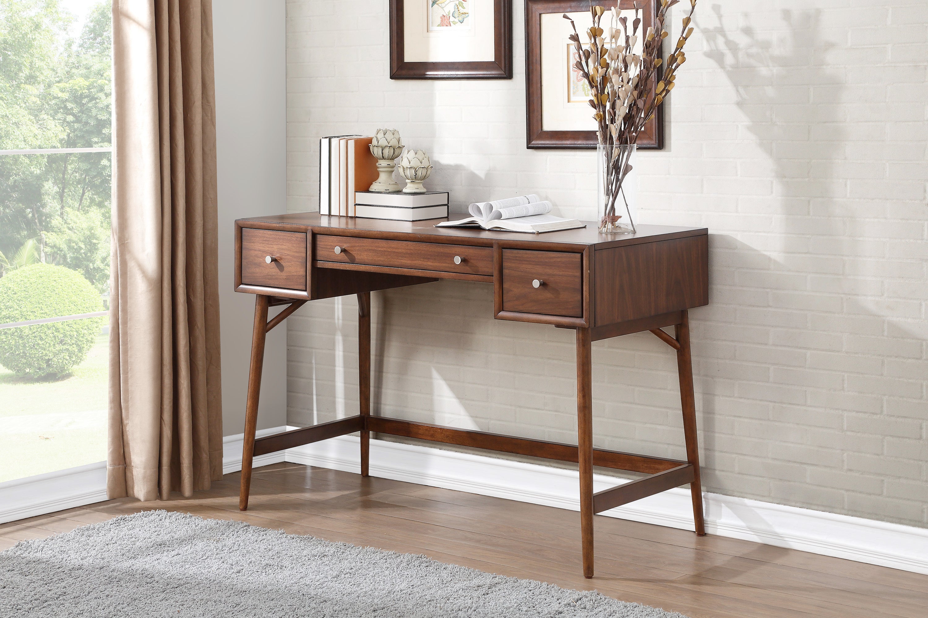 Modern Styling Counter Height Writing Desk Brown Finish Storage Drawers Nickel Knob Hardware Walnut Veneer Wood Furniture