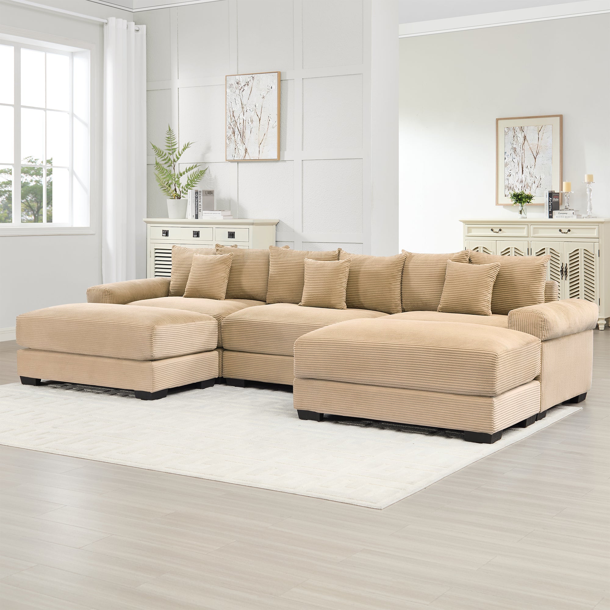 Albany 130" Modular Corduroy Cloud U-Shaped Sectional Sofa with Ottomans