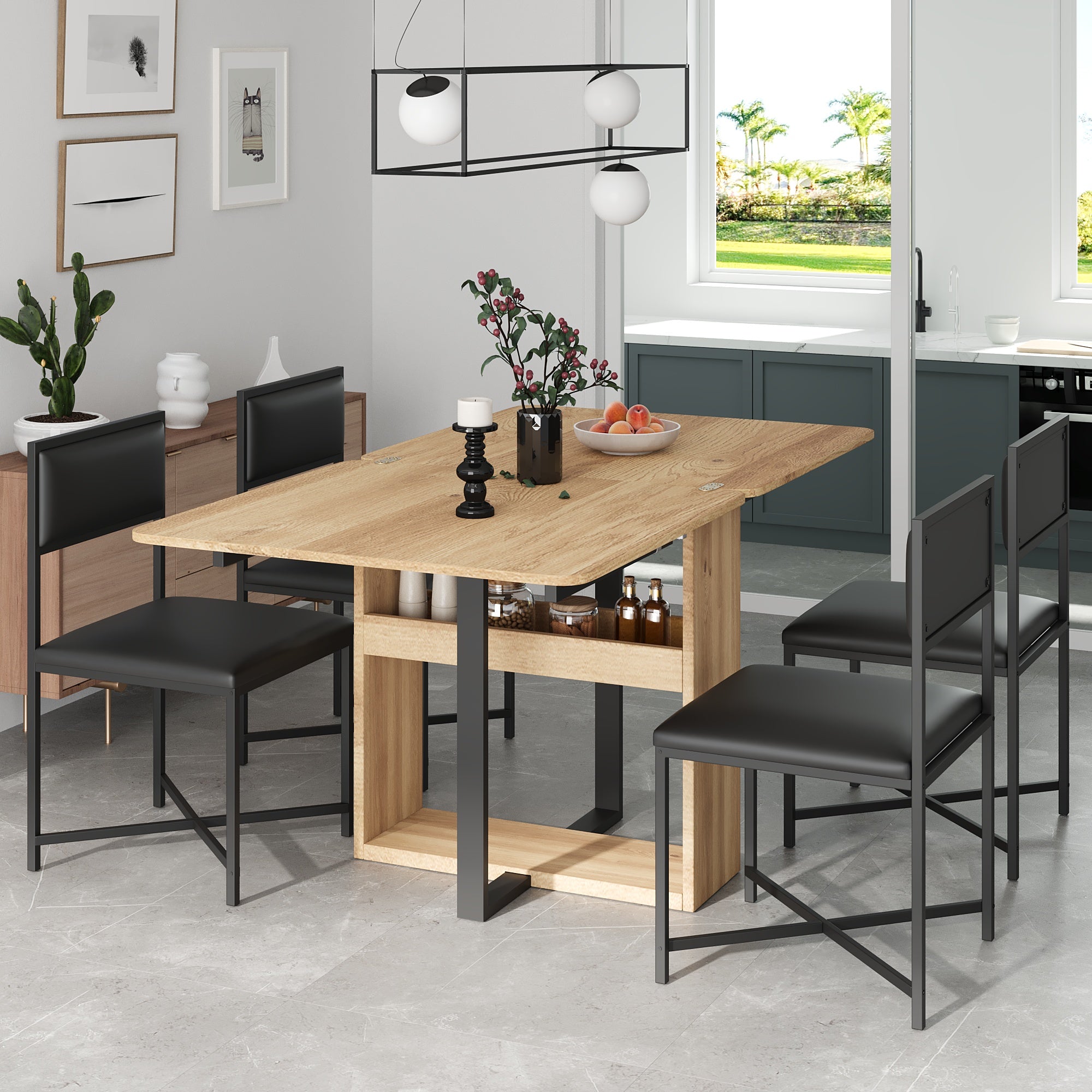 Lento 63" Modern Black 5 Piece Extendable Dining Table Set with Storage and Chairs