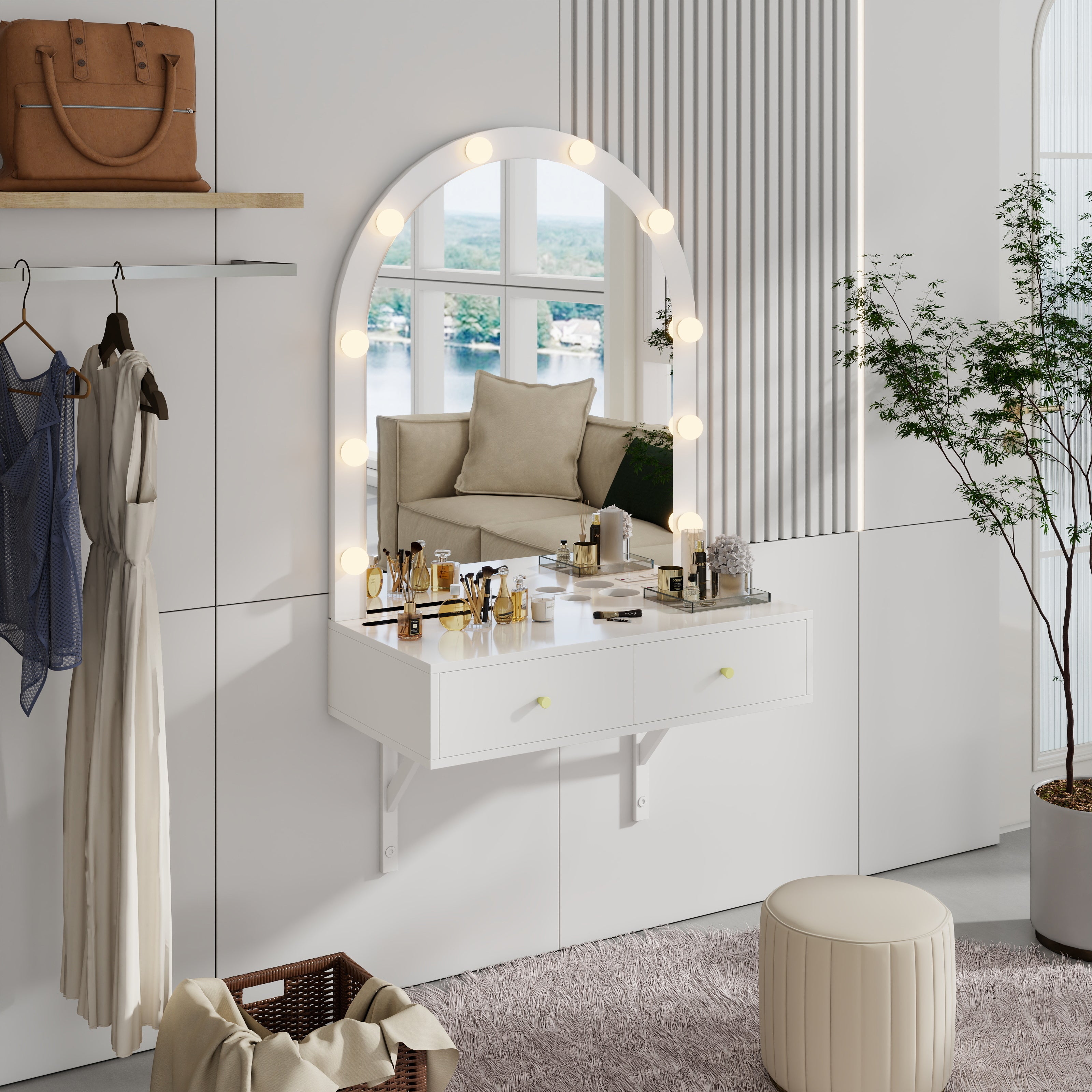 Elin 31.5" Floating Makeup Vanity with LED Arch Mirror and Power Outlet