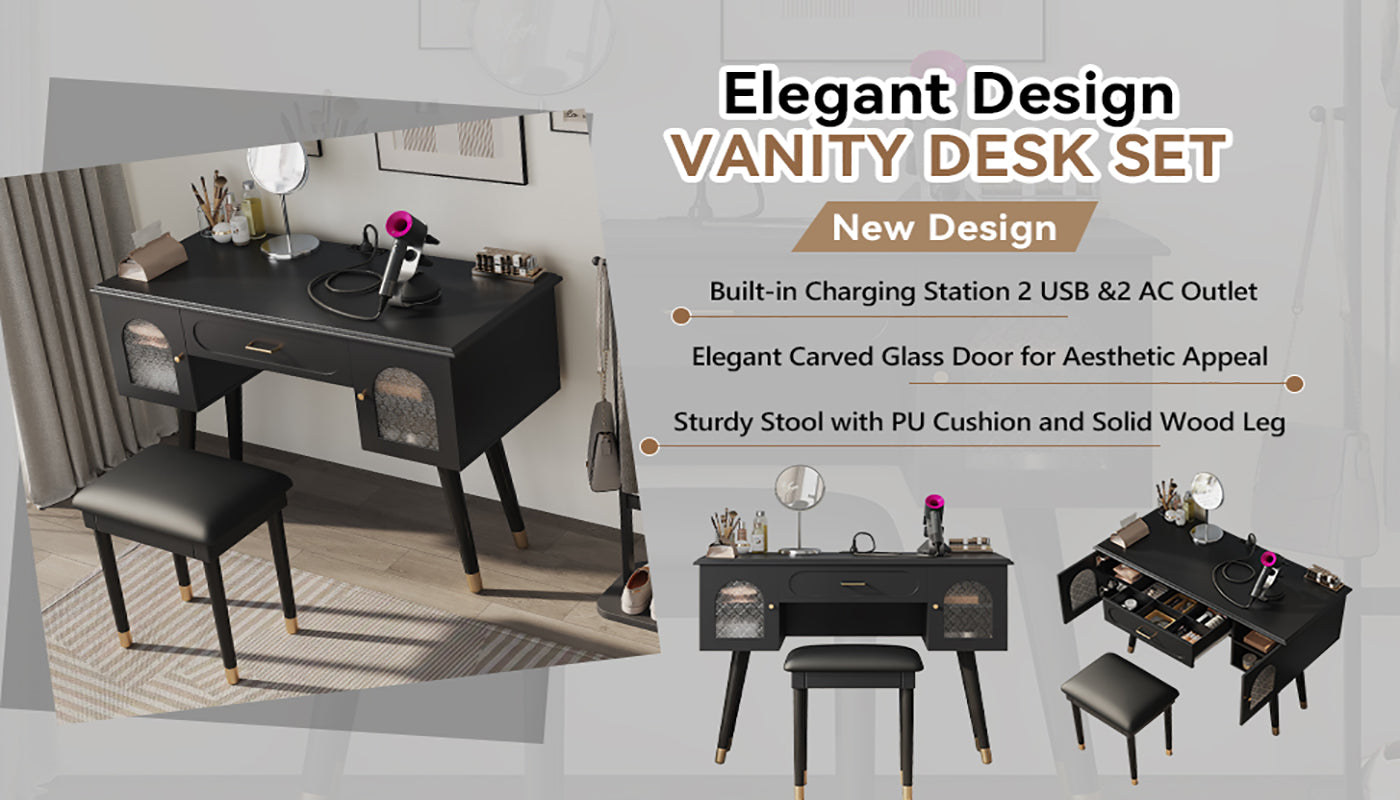 Elegant Vanity Makeup Table & Chair Set, Modern Dressing Table with Organizer, Writing Desk, Charging Port, Black