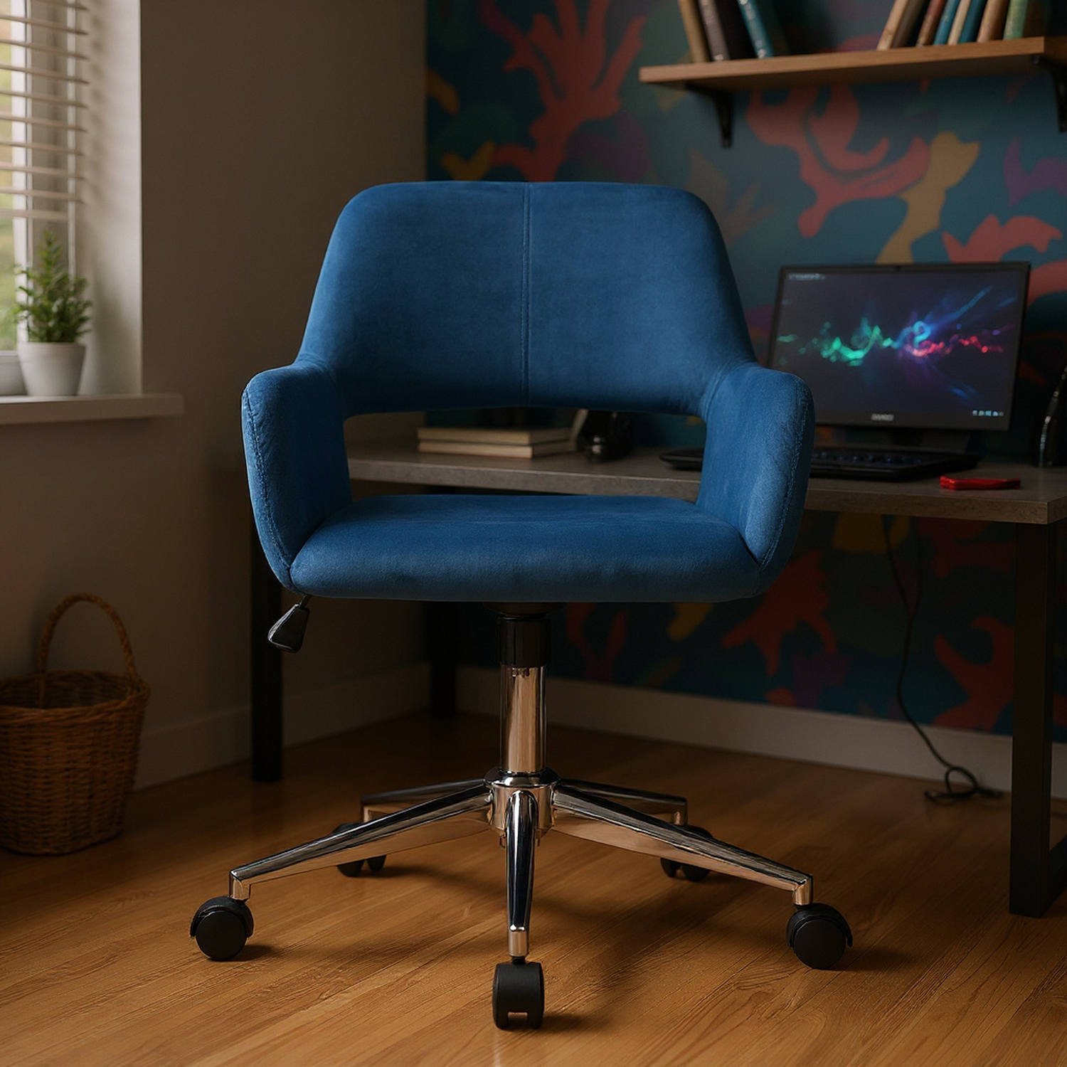 ROSS Velvet Swivel Desk Chair with Arms, Adjustable Height Task Chair on Wheels, Chrome Base, Blush Pink