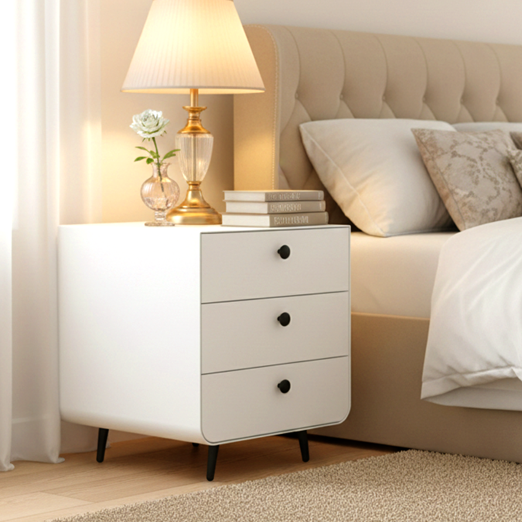 Kaden Modern 3-Drawer Steel Nightstand – White Storage Cabinet with Minimalist Design